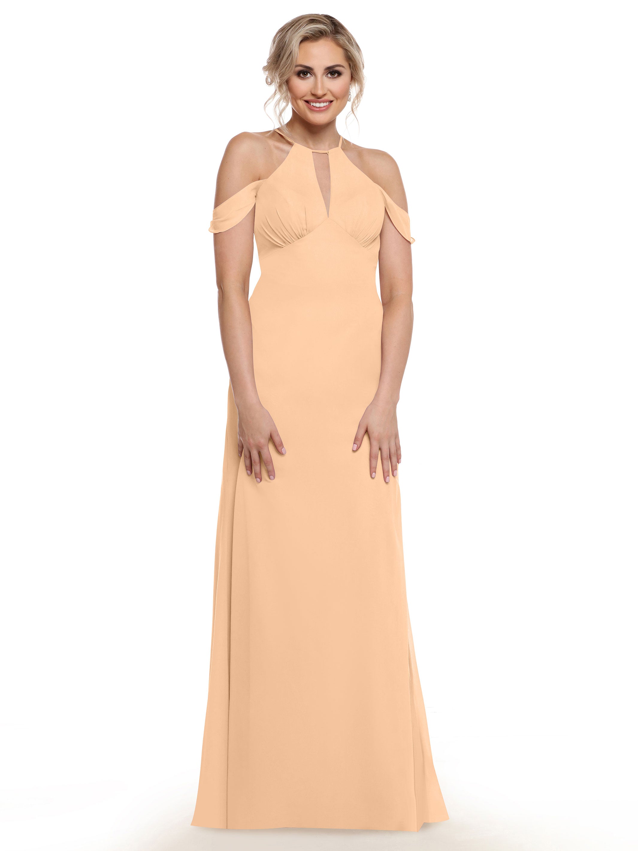 Elegant Off The Shoulder Chiffon Bridesmaid Dress with Halter Neckline - Perfect for Weddings, Formal Events & Special Occasions