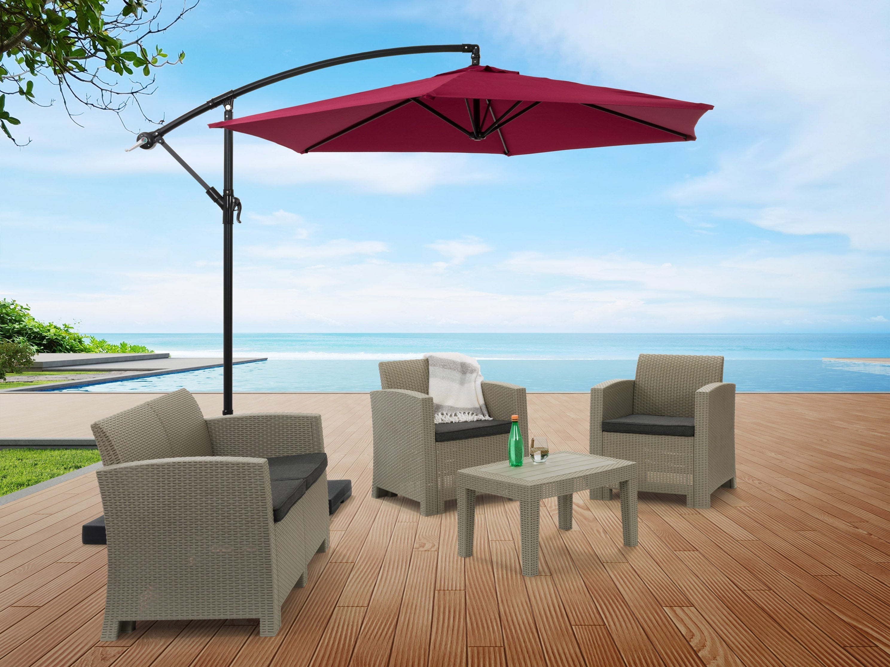 9ft Wine Red Cantilever Umbrella - Outdoor Patio Sun Shade with Adjustable Tilt - Perfect for Poolside, Garden, and Backyard Relaxation