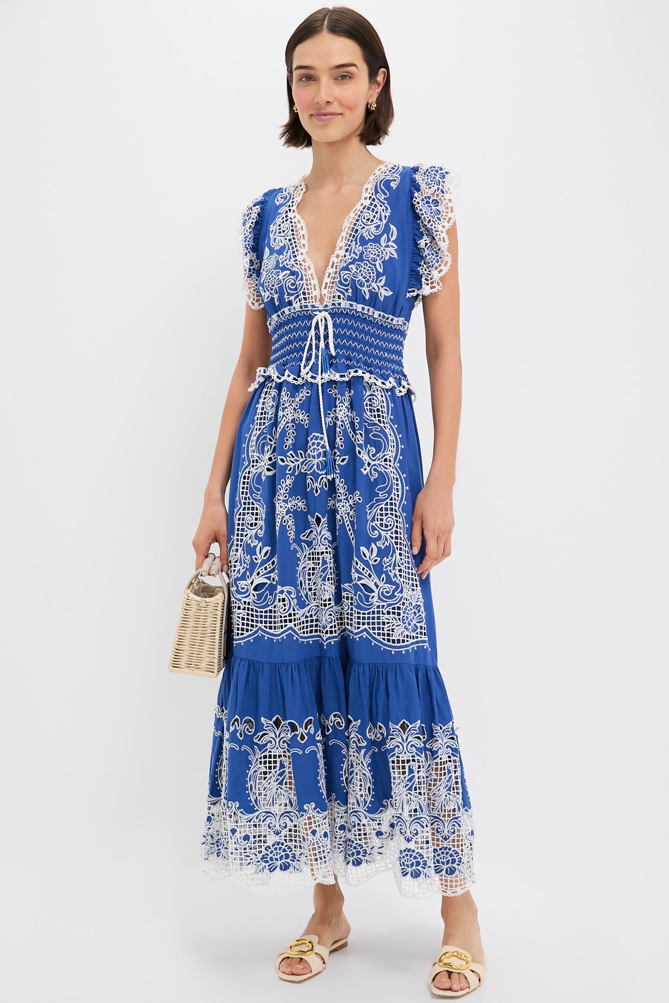 Elegant Blue Romantic Richelieu Maxi Dress for Women | Floral Embroidery Summer Beach Wedding Dress | Perfect for Beach Vacations, Garden Parties & Date Nights