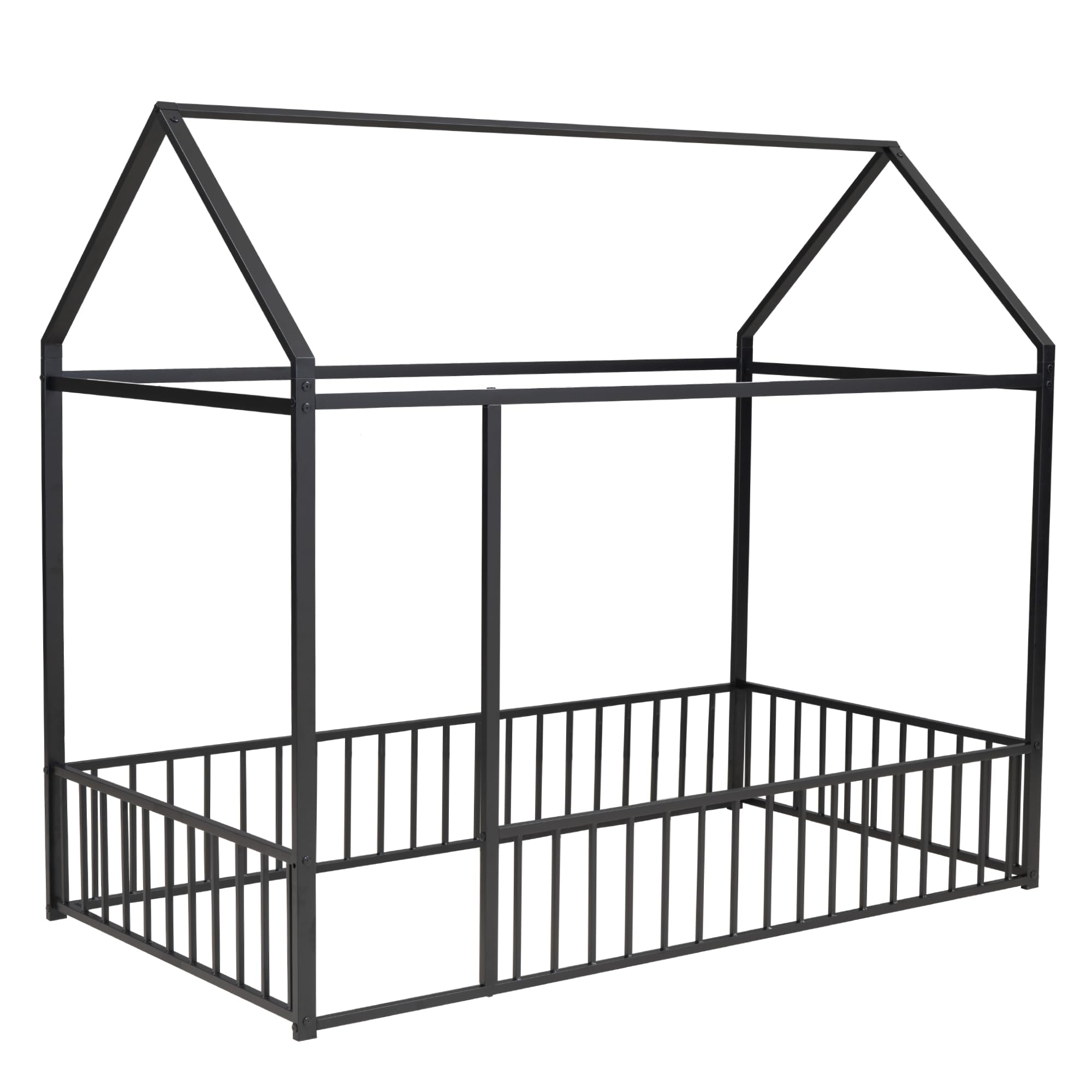 Bellemave Twin Size Montessori Floor Bed for Kids - Sturdy Metal House Frame with Safety Fence - Black Playhouse Bed for Toddlers & Children | Perfect for Montessori Rooms, Play Areas & Safe Toddler Sleep Spaces