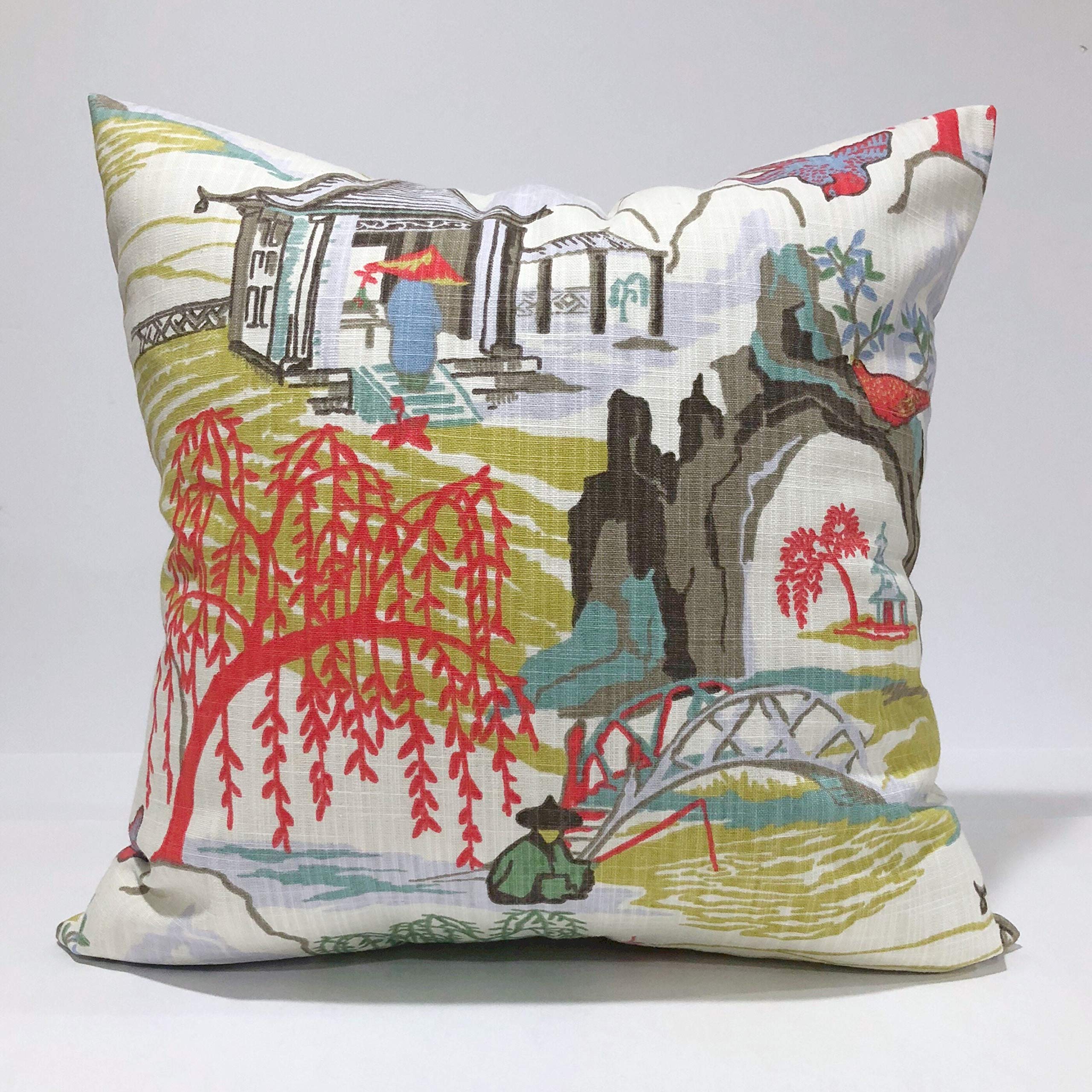 Robert Allen Home Neo Toile Coral Throw Pillow Cover - Aqua, Citrine, Taupe, Brown, Lavender, Coral, Red, Green & White Decorative Pillow Case for Sofa, Bed, Couch - Boho Chic Home Decor Accent