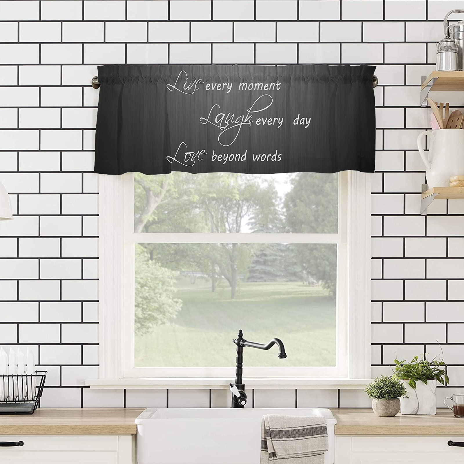 Live Laugh Love Black Rod Pocket Window Valances - 54x18 Inch Curtain Toppers for Living Room, Bedroom & Kitchen Decor | Motivational Home Textiles for Cozy Spaces