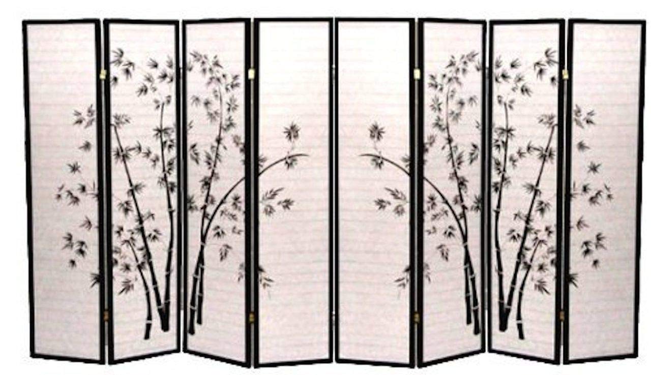 Black Bamboo Print Shoji Screen Room Divider - 8 Panel Japanese Style Privacy Partition for Home, Office & Yoga Studio - Elegant Decorative Folding Screen for Indoor Spaces