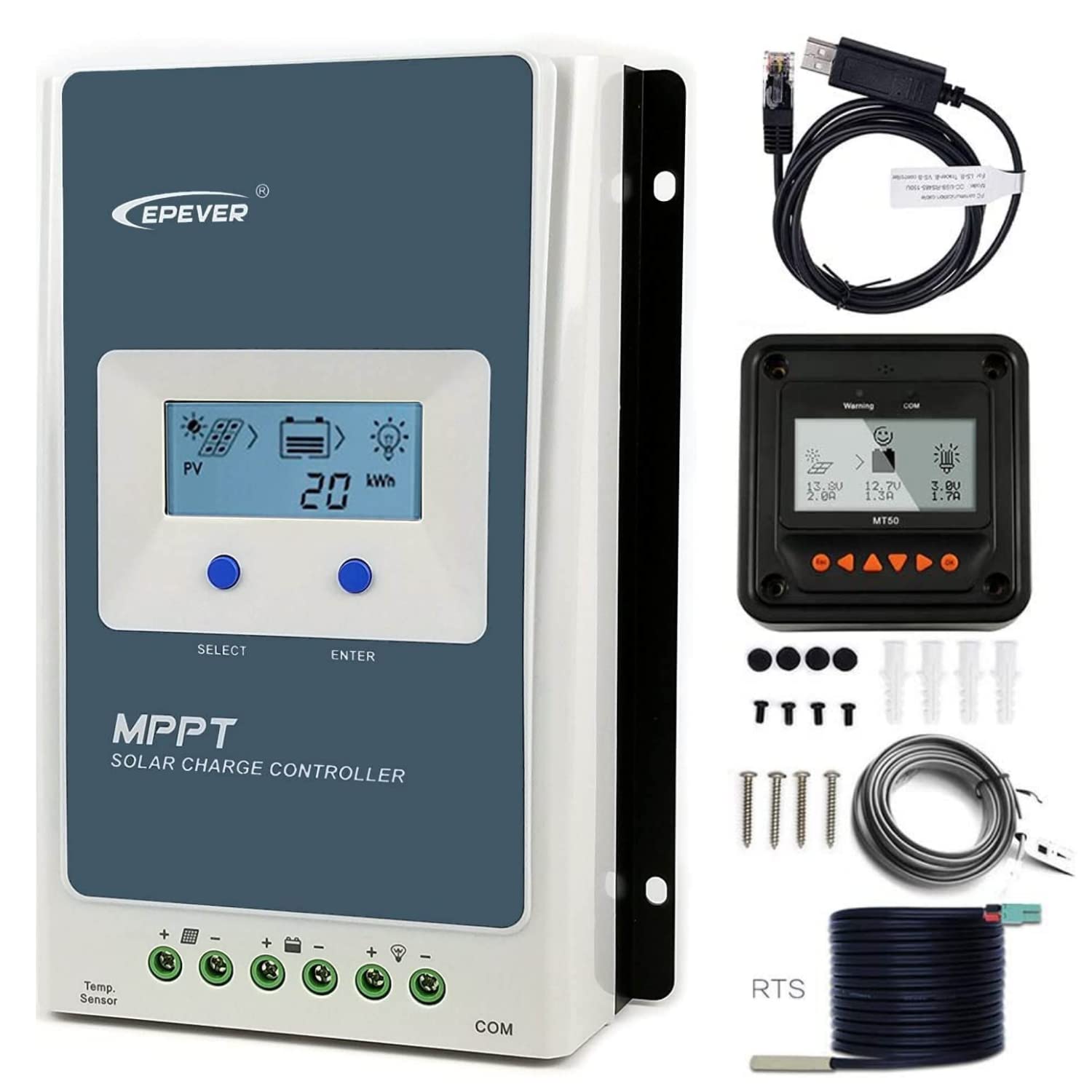 30A MPPT Solar Charge Controller 12V/24V Auto, 100V Max PV Input - with MT50 Remote Meter, Temperature Sensor & RS485 PC Monitoring Cable for RV, Boat, Off-Grid Solar Systems
