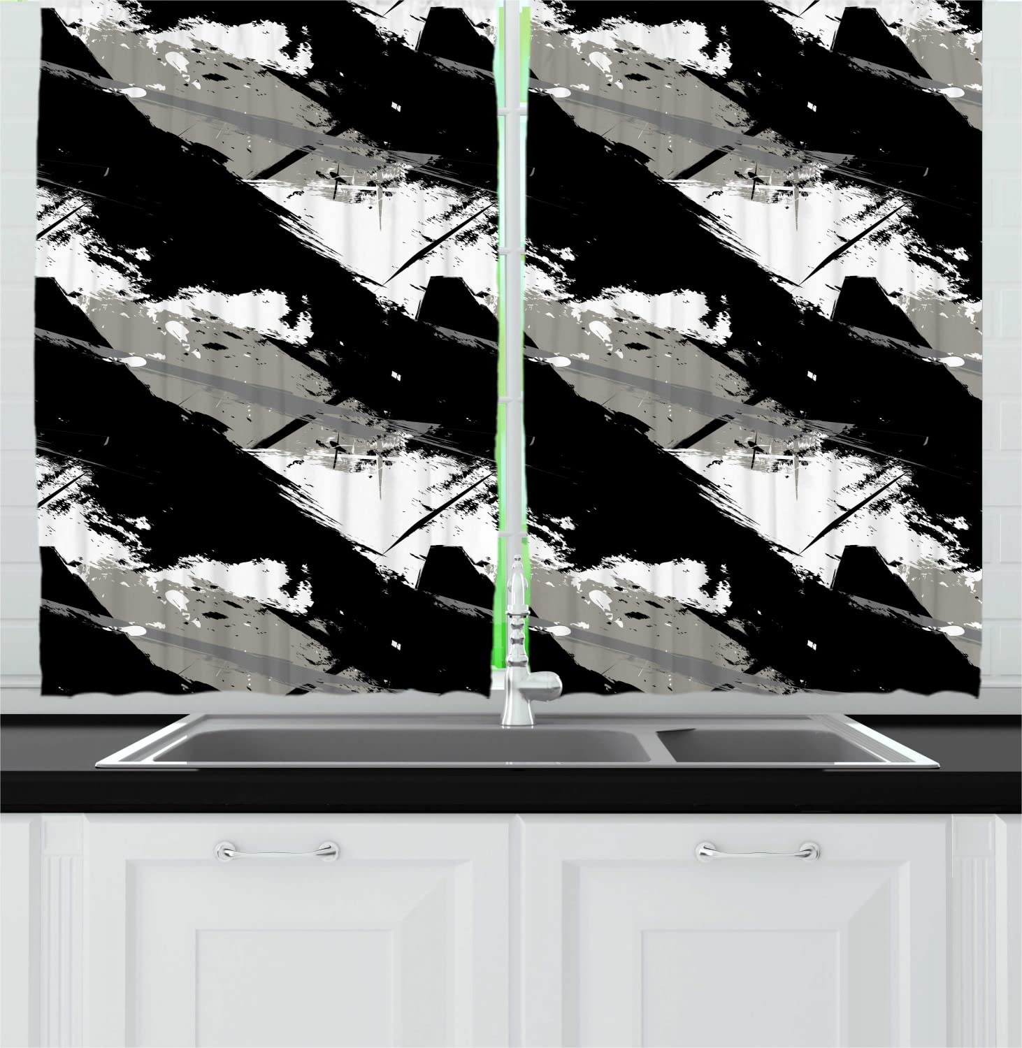 Ambesonne Grunge Long Kitchen Curtains - Modern Distressed Brushstroke Design in Black Grey & White - 55x45 Inch Rod Pocket Drapes for Contemporary Home Decor - Perfect for Farmhouse, Loft & Urban Kitchen Windows