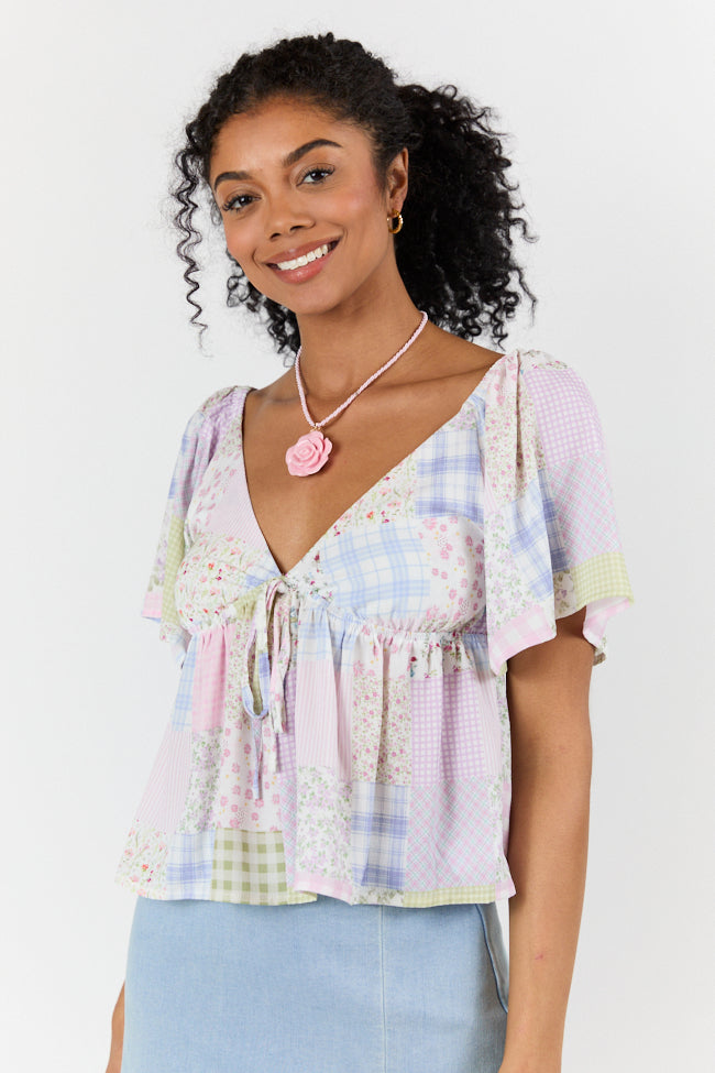 Luminous Days Multi Patch Print Short Sleeve Blouse for Women - Trendy Casual Summer Top - Perfect for Beach Outings, Music Festivals & Date Nights