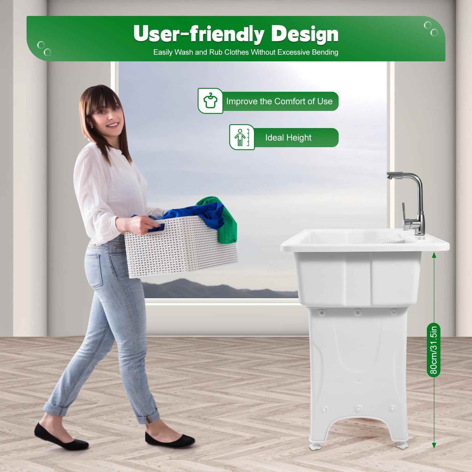 Freestanding Laundry Sink with Faucet & Storage - White Plastic Wash Basin for Indoor/Outdoor Use in Laundry Rooms & Garages