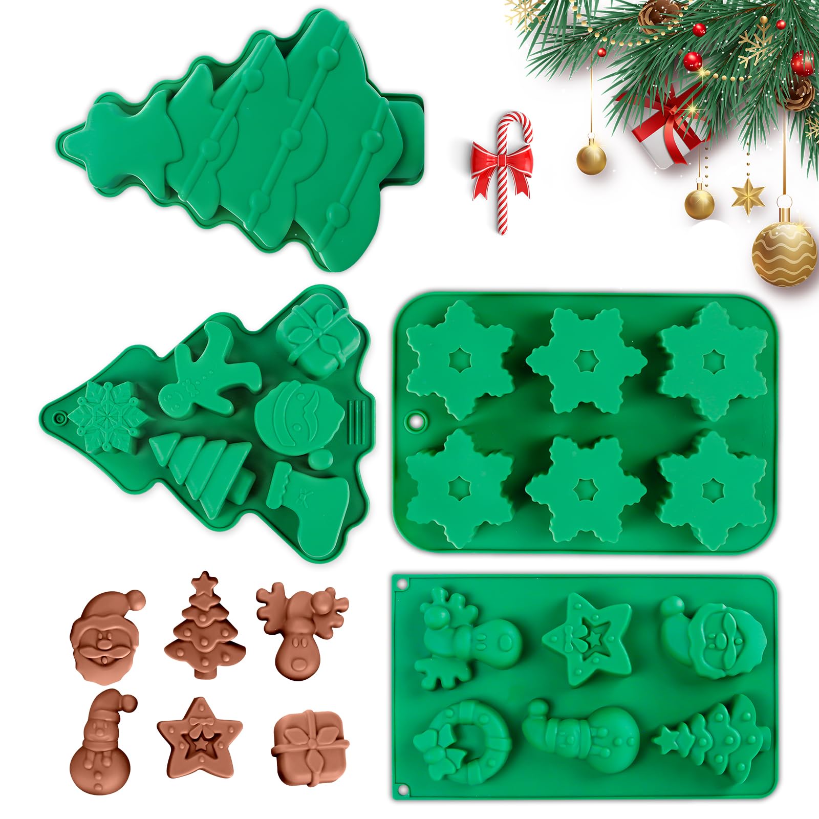 WhiteRhino Christmas Silicone Baking Molds Set - Large Chocolate Candy Molds for DIY Holiday Treats, Cakes, Soap & Candles (Santa, Tree Shapes) - Perfect for Christmas Party Decorations & Homemade Gifts (4-Piece Set)