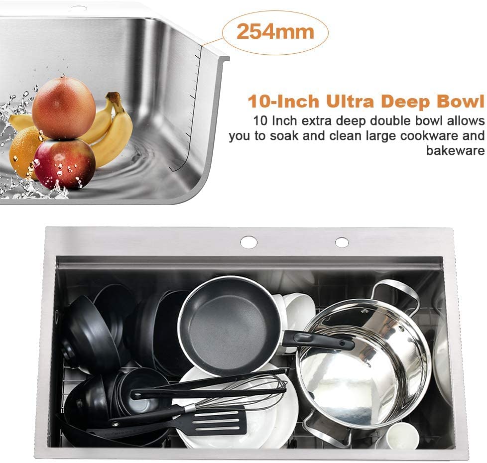 30x22 Inch Stainless Steel Drop-In Kitchen Sink Workstation - 16 Gauge Deep Single Bowl with Cutting Board | Perfect for Meal Prep, Dishwashing & Small Kitchen Spaces | Bokaiya