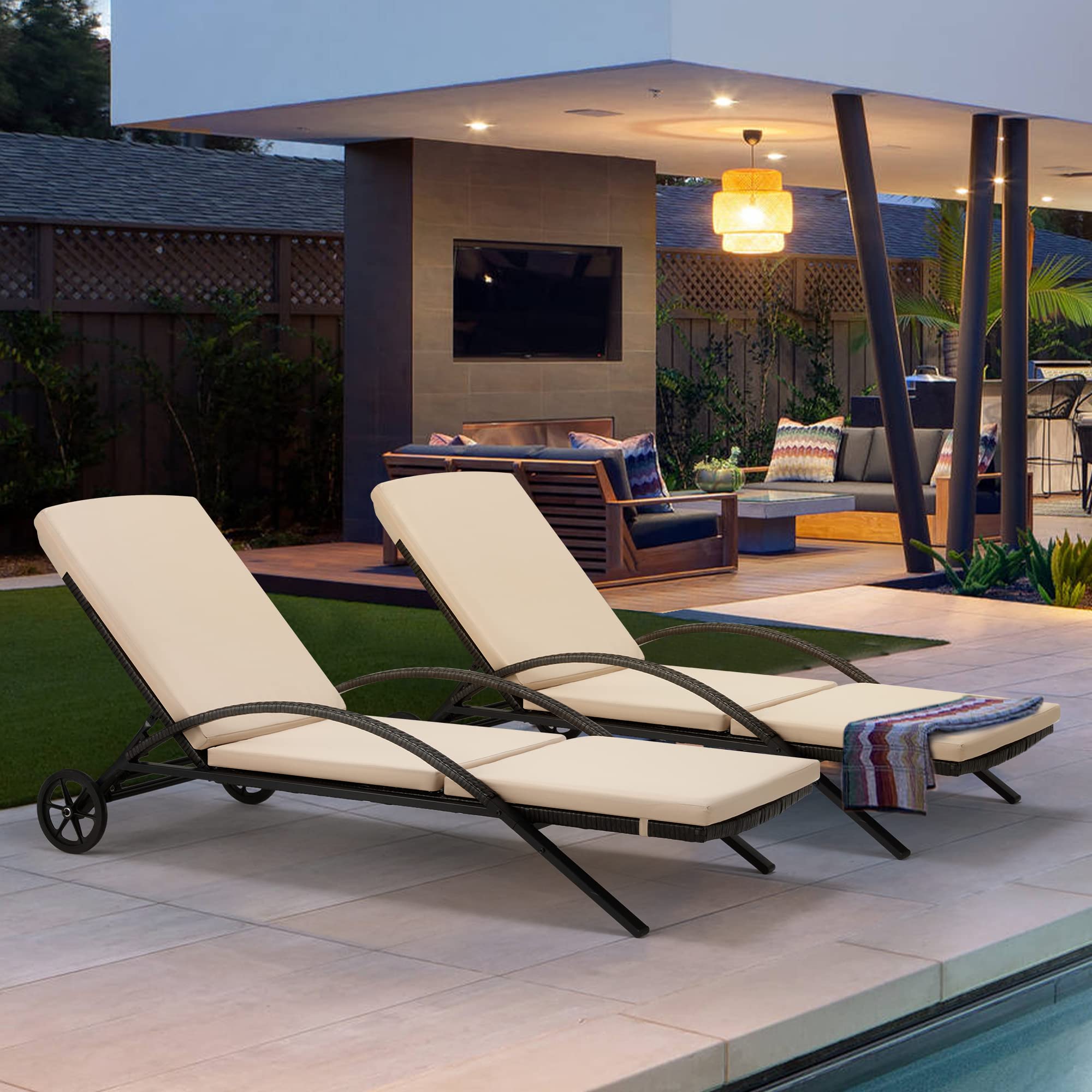 HOMREST Outdoor Chaise Lounge Chair Set of 2 - Patio Sun Lounger with Wheels & Removable Cushion, Wicker Poolside Sunbathing Chair for Backyard, Porch, Garden (Khaki) - Perfect for Relaxing by the Pool or Lounging in Your Outdoor Space