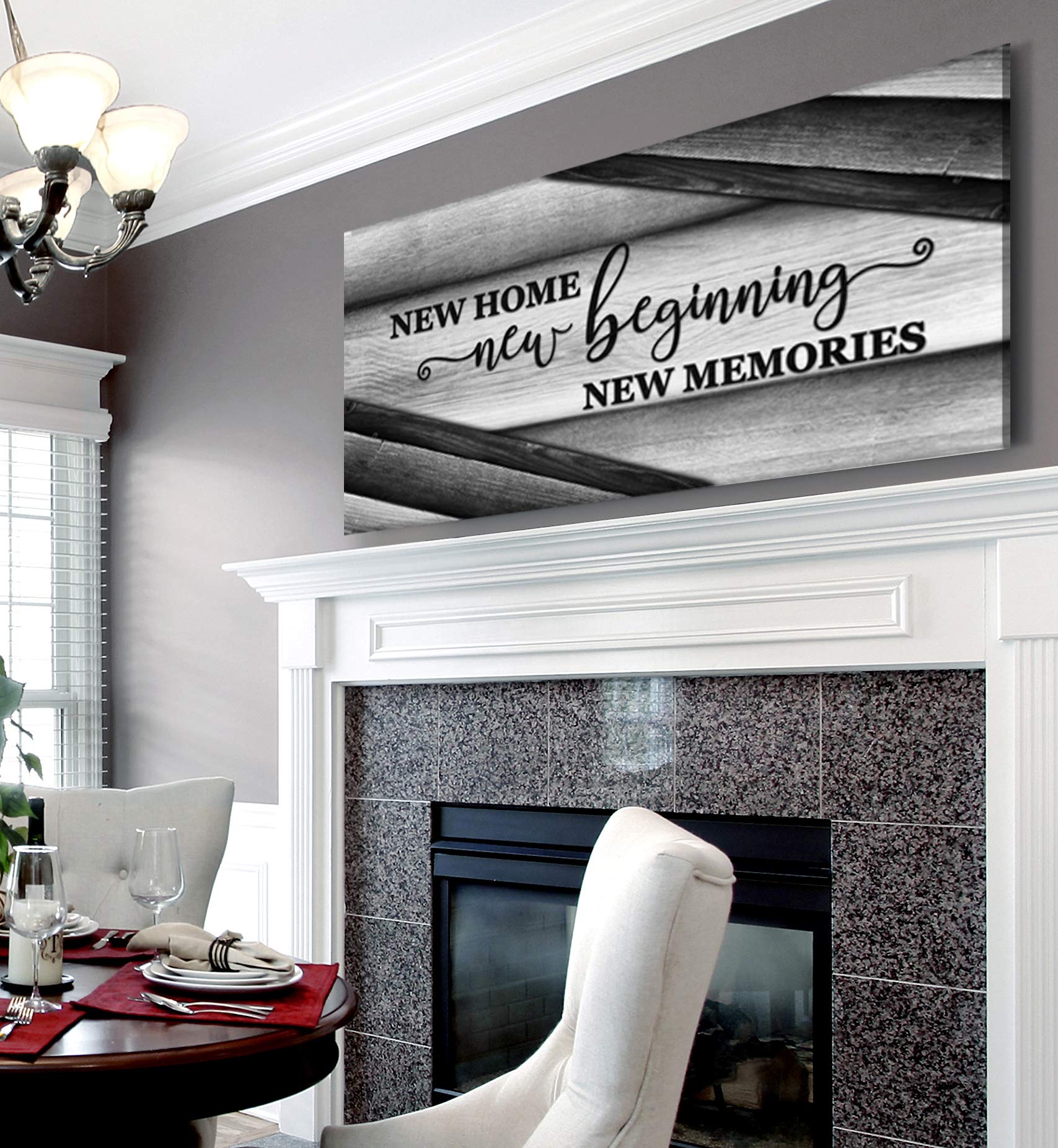 Wooden Framed Canvas Wall Art - Sense of Art New Home New Beginnings V15 - Rustic Religious Home Decor for Living Room, Housewarming Gift (Grey, 60x27 inches) - Perfect for Farmhouse, Apartment & Office Decor