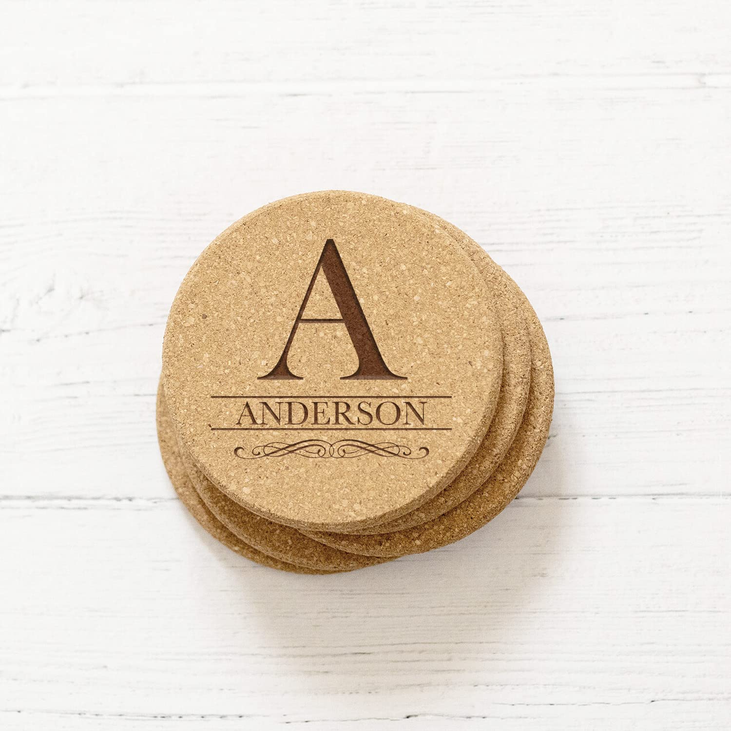 Personalized Natural Cork Coasters Set of 4 - Thick Absorbent Drink Coasters for Wine, Coffee & Hot Beverages - Custom Wedding Gift & Registry Item - Perfect for Home, Office & Restaurant Use