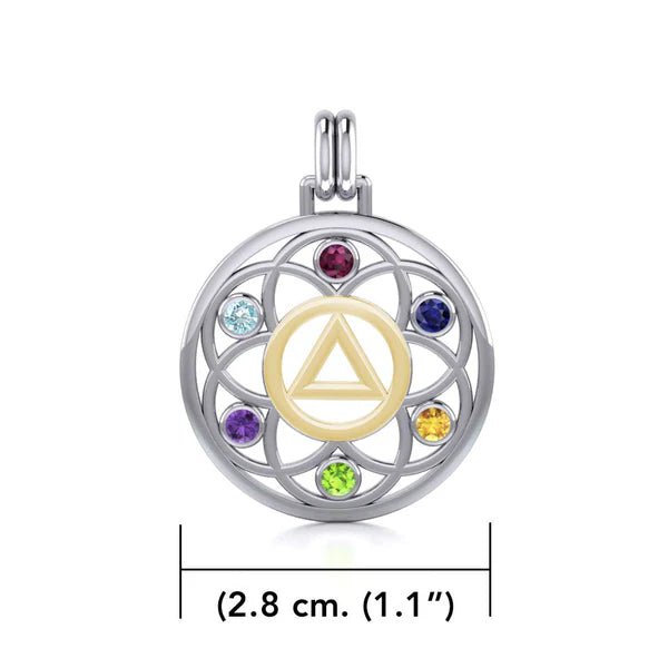 Flower of Life Sterling Silver & 14K Gold Accent Recovery Pendant with AA or NA Symbol & Genuine Gemstone - Spiritual Jewelry for Addiction Recovery & 12-Step Programs