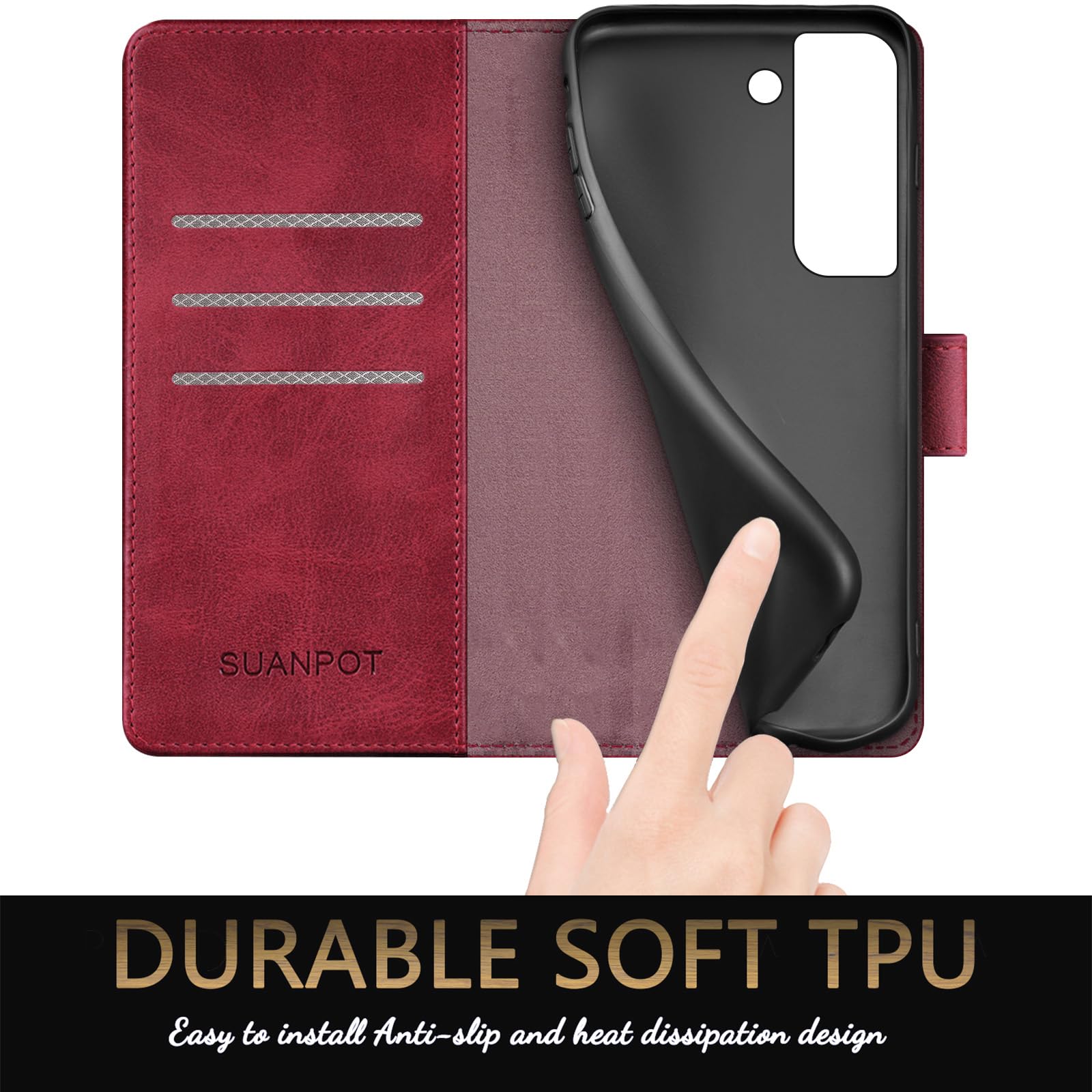 SUANPOT RFID Blocking Leather Wallet Case for Samsung Galaxy S22 - Flip Folio Book Cover with Credit Card Holder, Shockproof Protection for Women & Men (Red) | Perfect for Everyday Use, Travel & Business Meetings