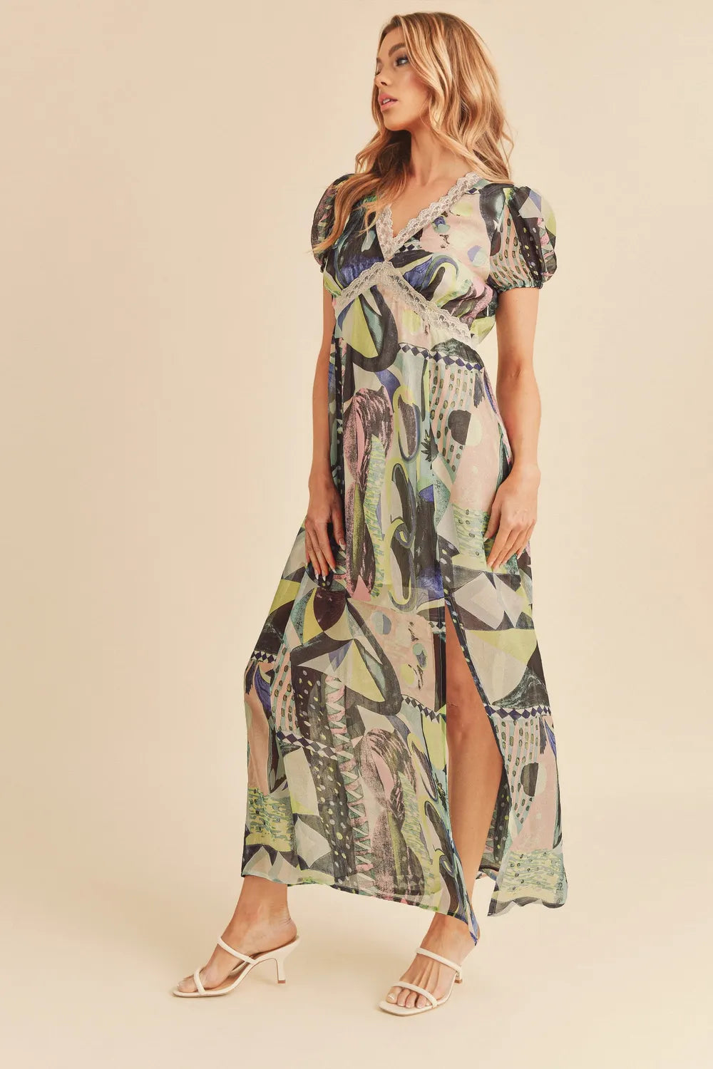 Elegant Lace Detail Slit Geometric Print Short Sleeve Resort Maxi Dress for Women - Perfect for Beach Vacations, Summer Parties & Boho Weddings