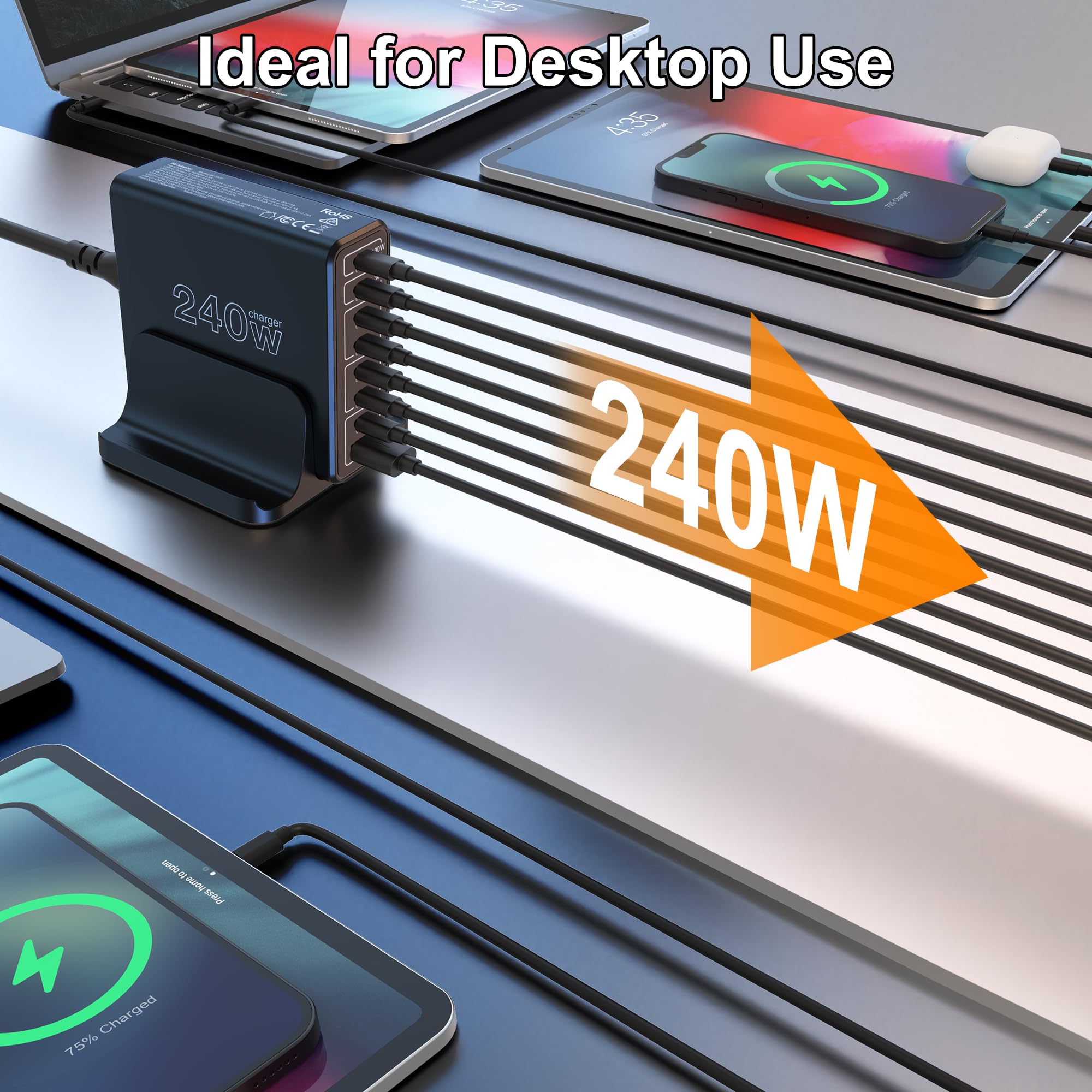 URVNS 240W USB C GaN Charger - 8-Port Compact Fast Charging Station with PD 100W & PPS 45W for MacBook, iPhone 15/14 Pro Max, iPad Pro, Galaxy S23/S22, Pixel - Perfect for Home, Office & Travel Charging Multiple Devices Simultaneously