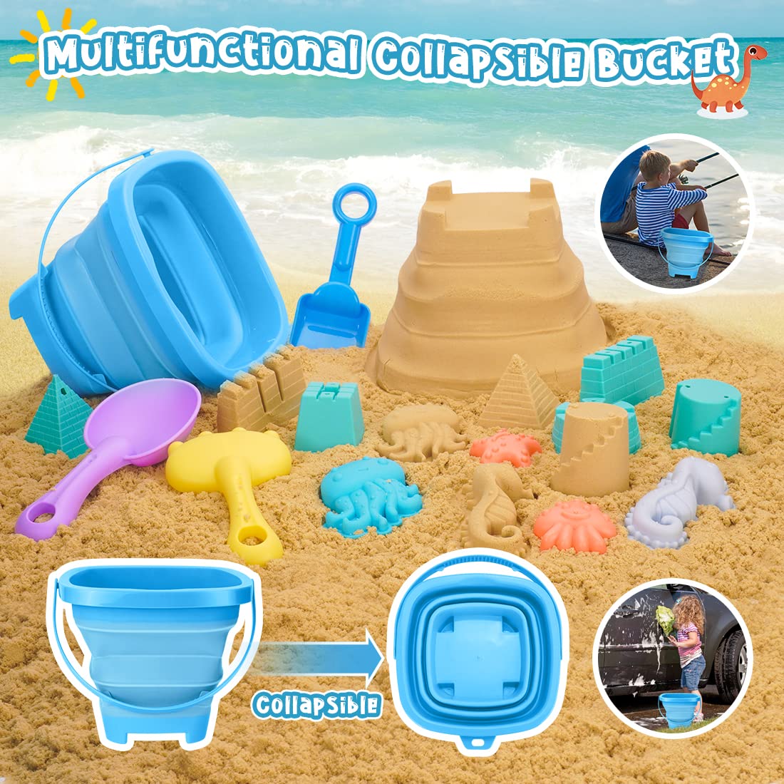 23Pcs Beach Sand Toys Set with Dump Truck, Collapsible Bucket, Shovel & Castle Molds - Outdoor Sandbox Play Kit for Kids with Dinosaur & Animal Shapes, Includes Mesh Storage Bag - Perfect for Beach Vacations, Backyard Sandpits & Summer Outdoor Activities