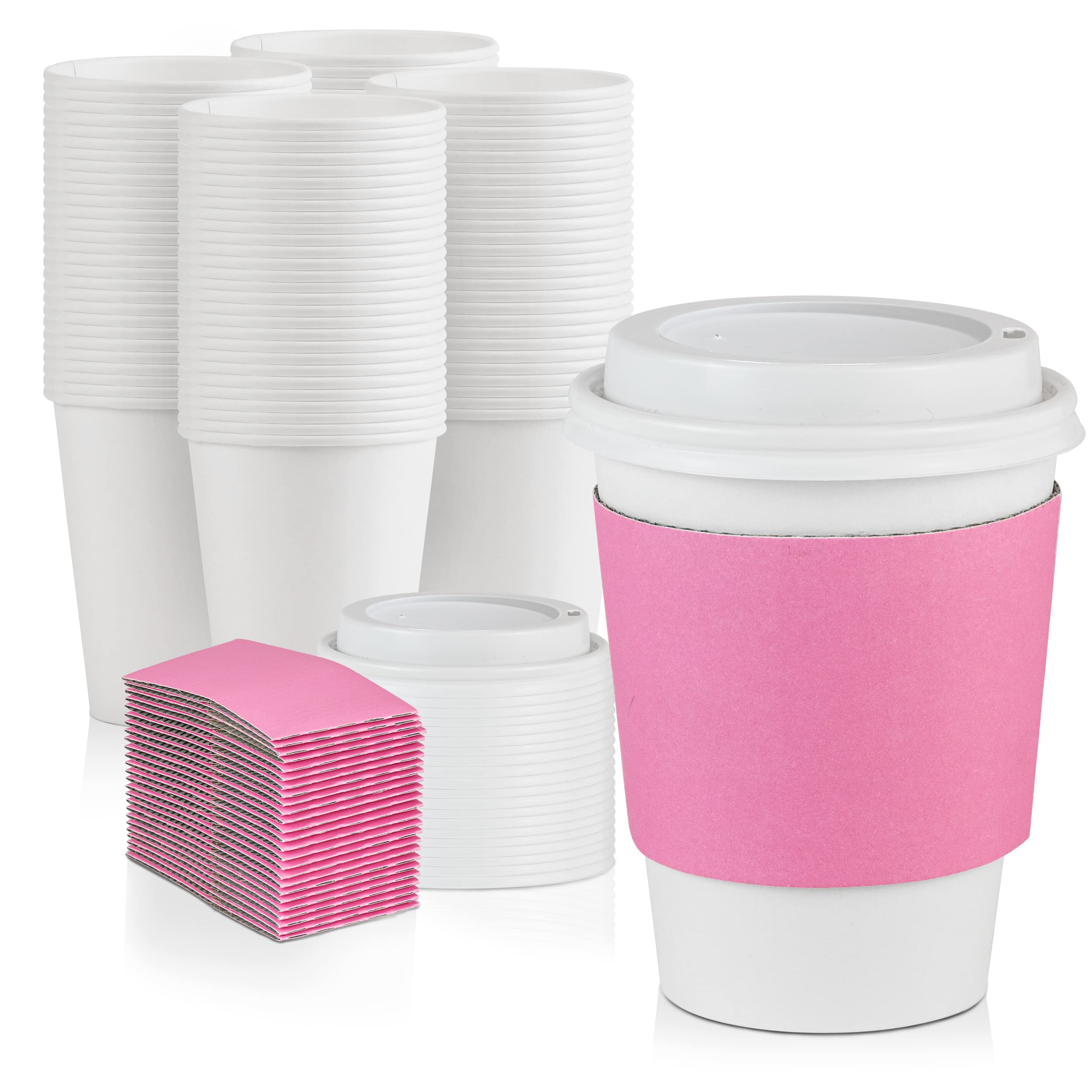 500 Pack 12 oz Disposable Paper Coffee Cups with Lids & Pink Sleeves - Leak Proof White Dome Lids for Hot/Cold Beverages, Tea, Juice - Perfect for Meal Prep, Coffee Shops, Office Parties & Takeout Drinks