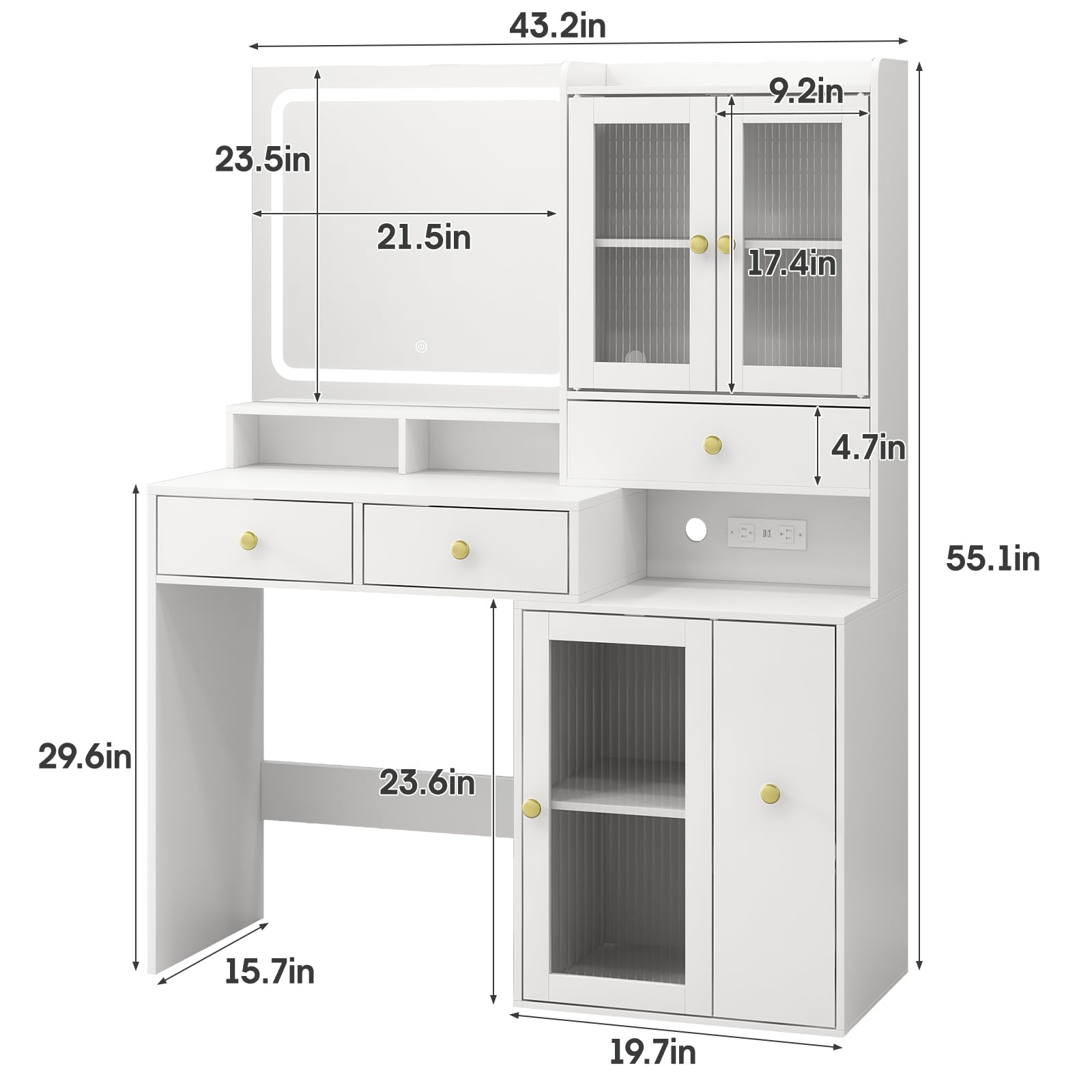 White Makeup Vanity Desk with LED Lights & Mirror - 4 Drawers, USB Charging Station & RGB Cabinet - Dressing Table for Bedroom, Beauty Salon, Home Decor