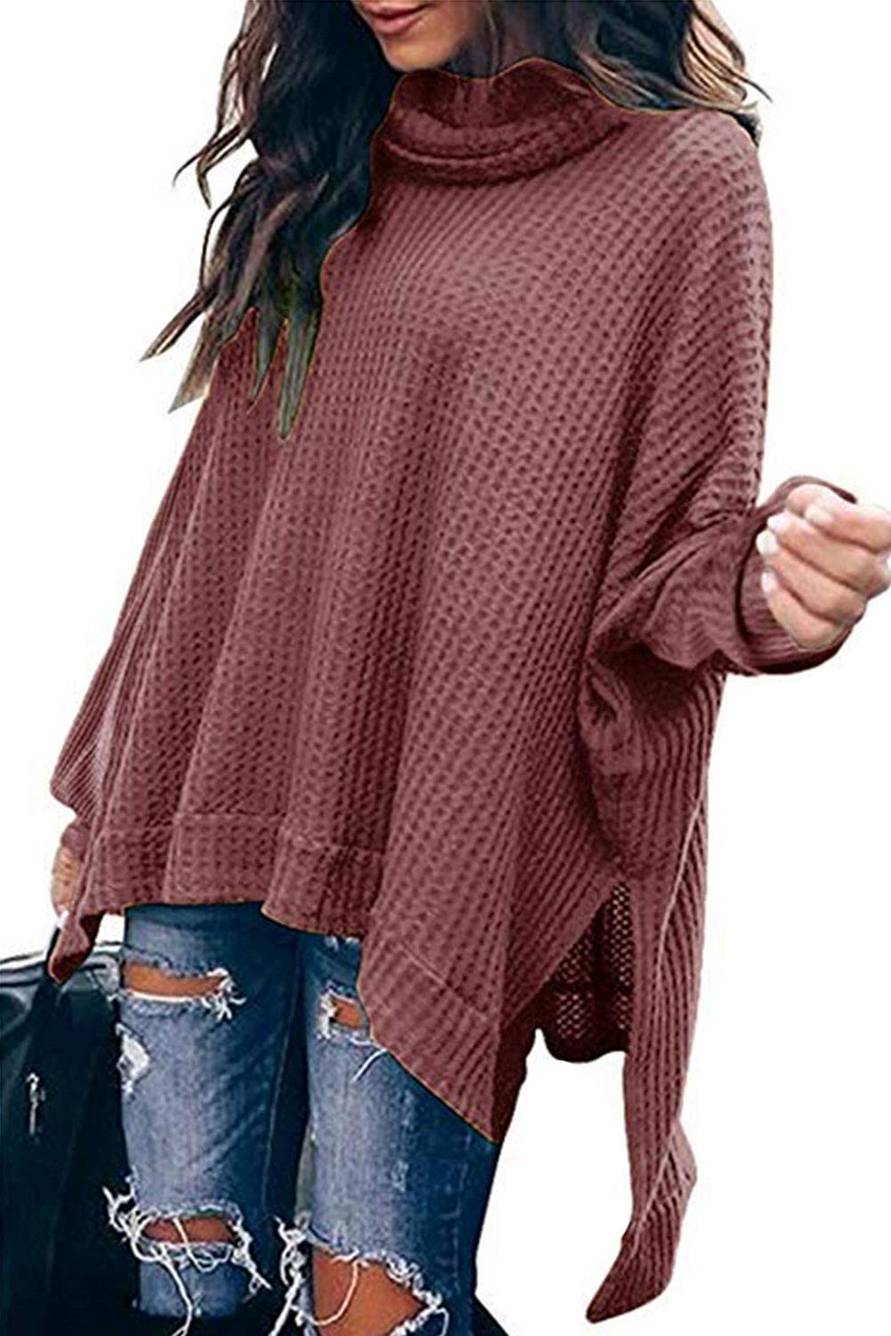 ASHER FASHION Women's Casual Oversized Turtleneck Sweater - Batwing Long Sleeve Waffle Knit Pullover, Loose High-Low Tunic Top for Fall & Winter | Perfect for Work, Date Night and Casual Outings