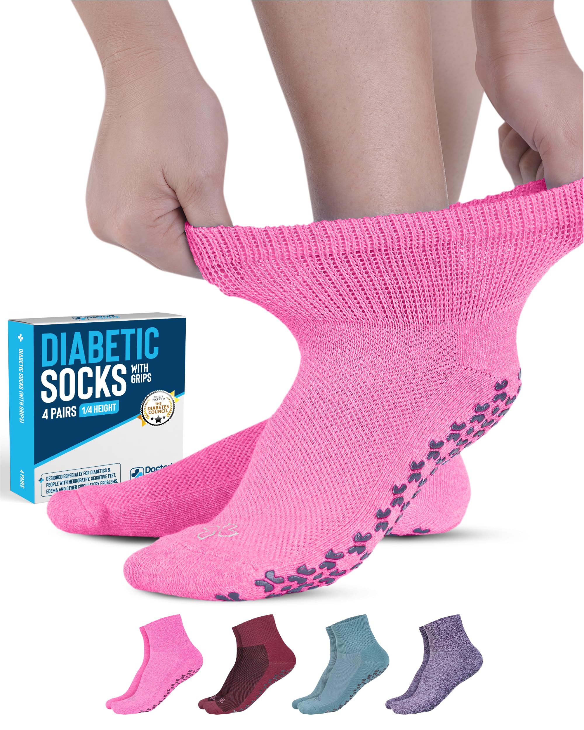 Doctor's Select Diabetic Ankle Socks with Non-Slip Grippers for Men & Women - 4 Pairs 1/4 Crew Length Neuropathy Socks for Circulation & Comfort - Ideal for Diabetes, Swelling & Daily Wear
