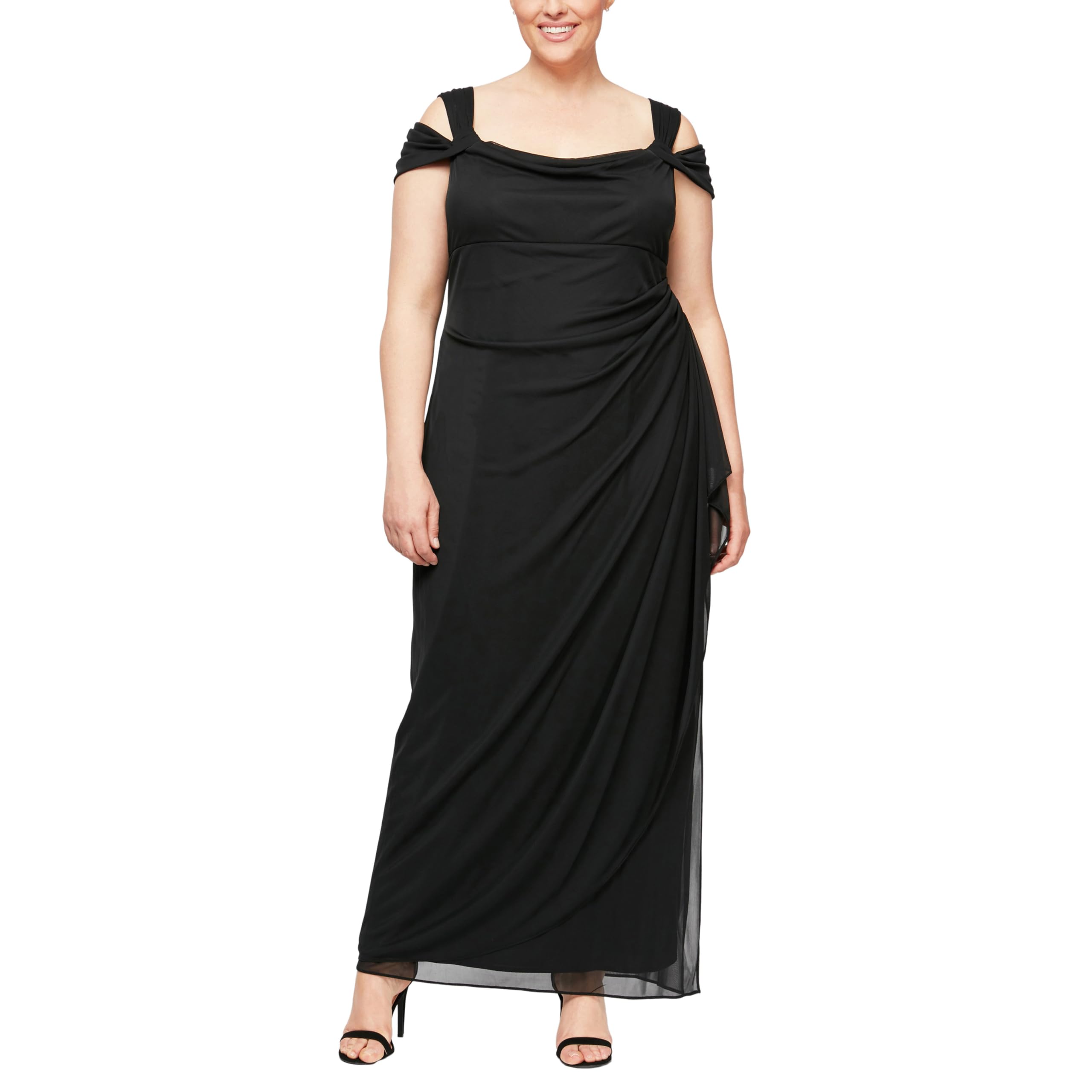 Alex Evenings Women's Plus Size Long Cold Shoulder Dress with Ruched Skirt - Elegant Formal Wear for Weddings, Parties & Special Occasions
