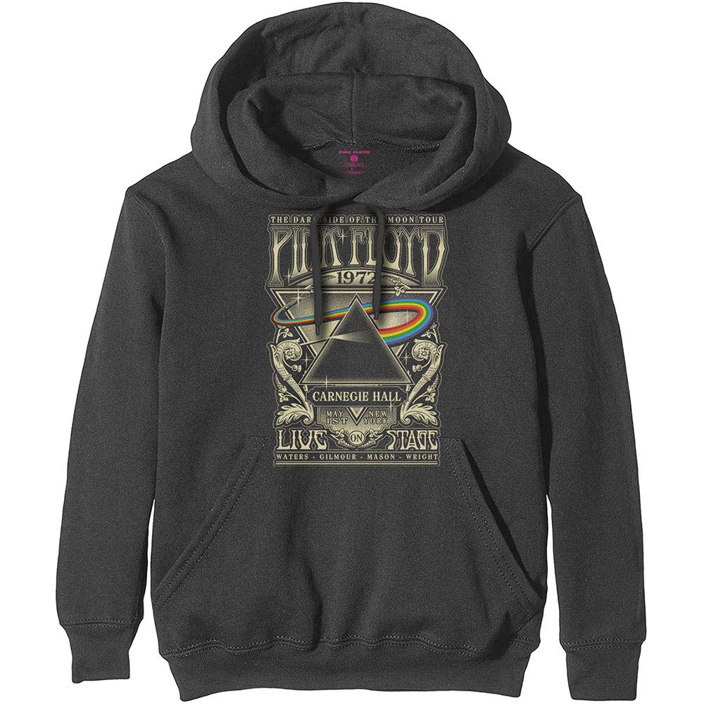 Pink Floyd Men's Hooded Sweatshirt with Carnegie Hall Poster Print - X-Large Charcoal Gray - Vintage Band Merch for Concerts & Casual Wear