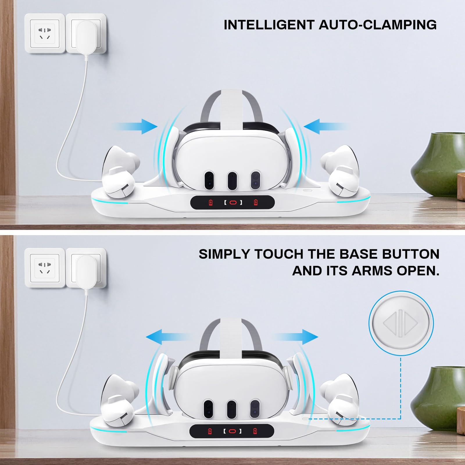 Meta Quest 3 Charging Dock - Auto-Clamping VR Charging Stand with Magnetic Charger for Quest 3 Headset & Controllers | Includes 2 Rechargeable Batteries, Battery Cover & LED Indicator | Perfect for Gaming, VR Entertainment & Display Storage