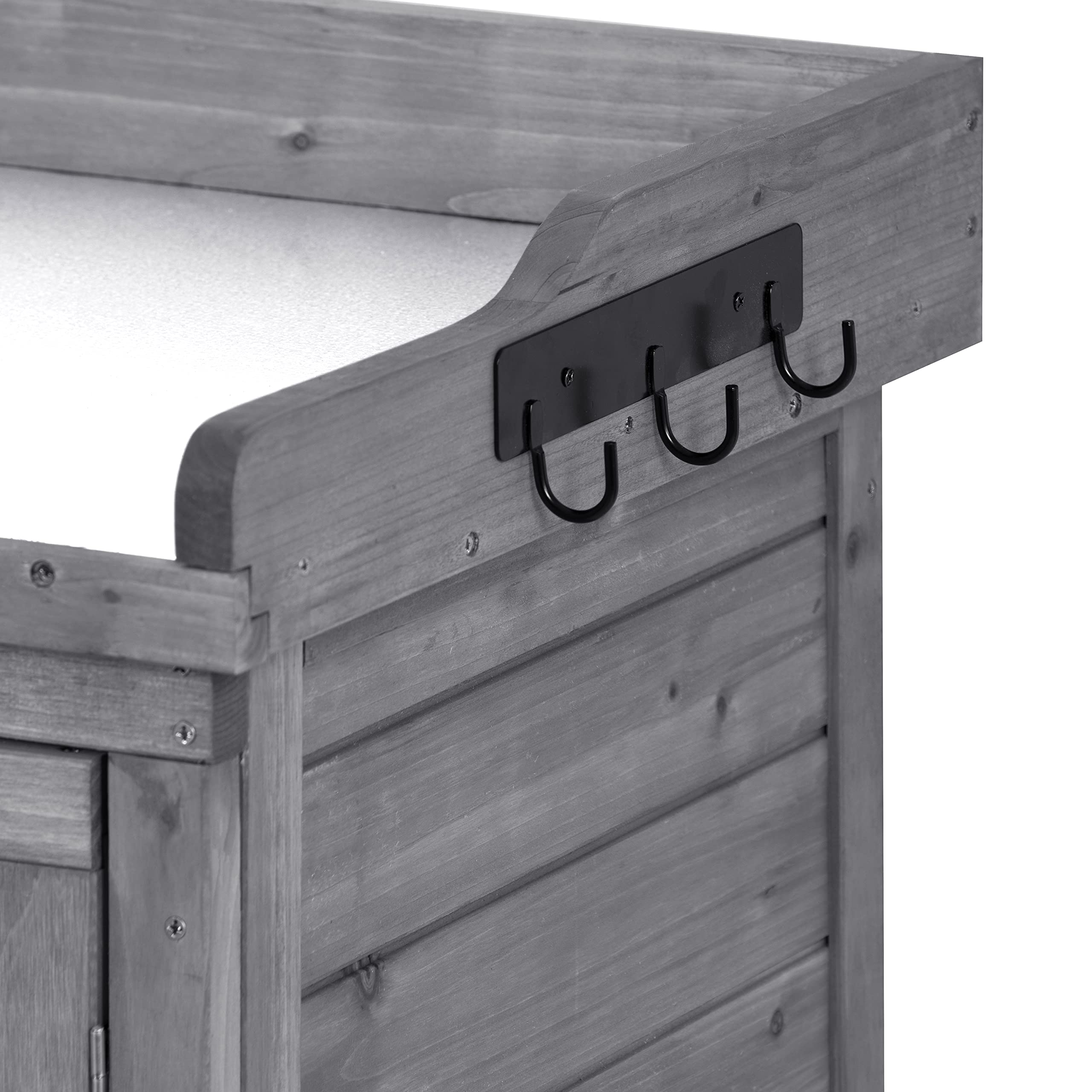 Outdoor Potting Bench with Storage - Weatherproof Garden Work Table with Double Doors, 2-Tier Shelves & Side Hooks - Perfect for Patio, Backyard, Porch Gardening & DIY Projects (Grey)