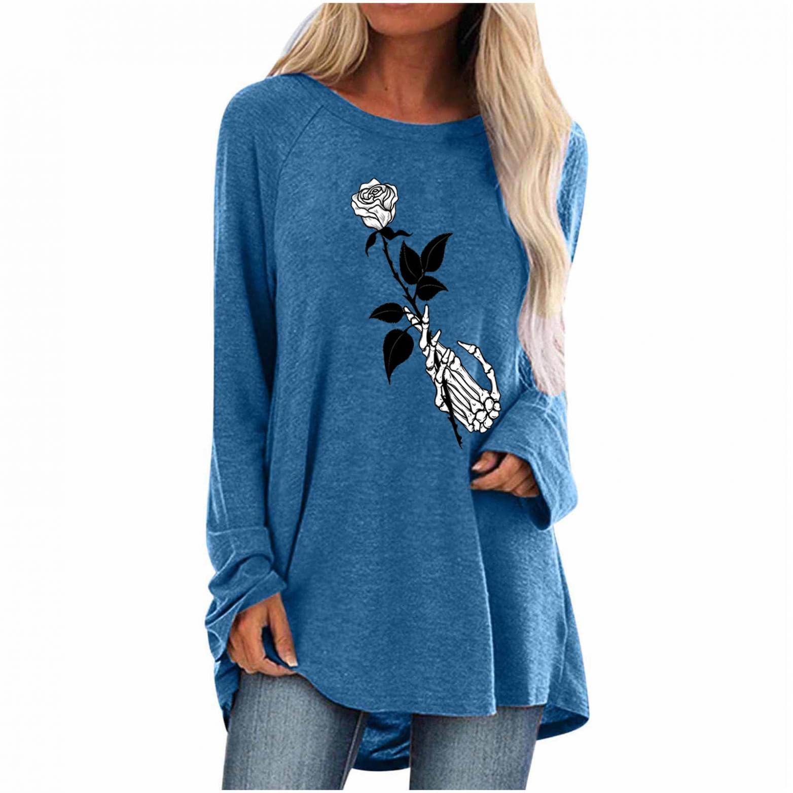 Trendy Women's Skeleton Print Long Sleeve T-Shirt - 2022 Halloween Crew Neck Loose Fit Blouse for Casual Wear & Costume Parties