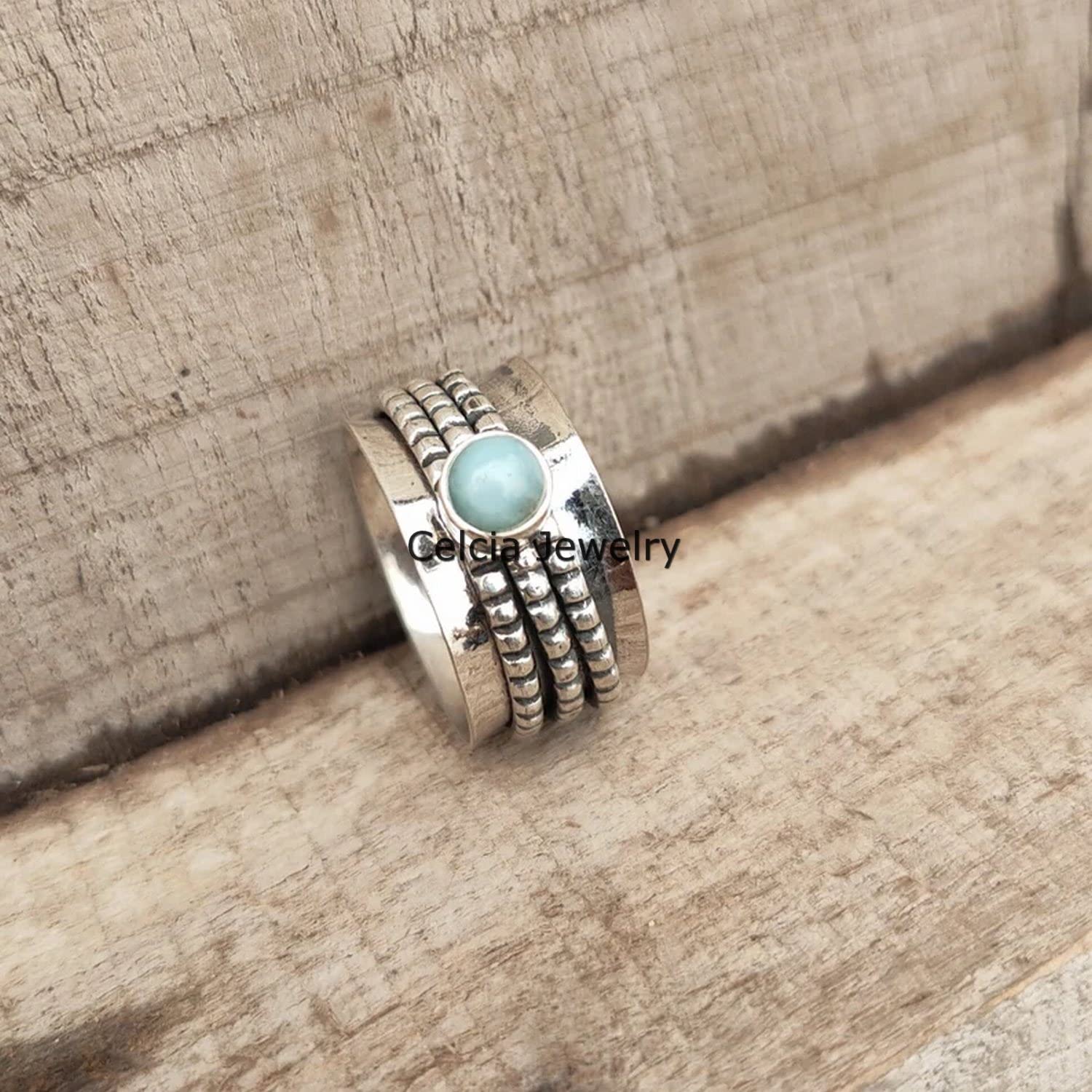 Larimar Gemstone Silver Spinner Ring - Handmade Fidget Anxiety Relief Ring for Stress & Meditation - Unique Spinning Jewelry Gift for Women & Men (Size 7) - Perfect for Office, Travel & Mindfulness Practice