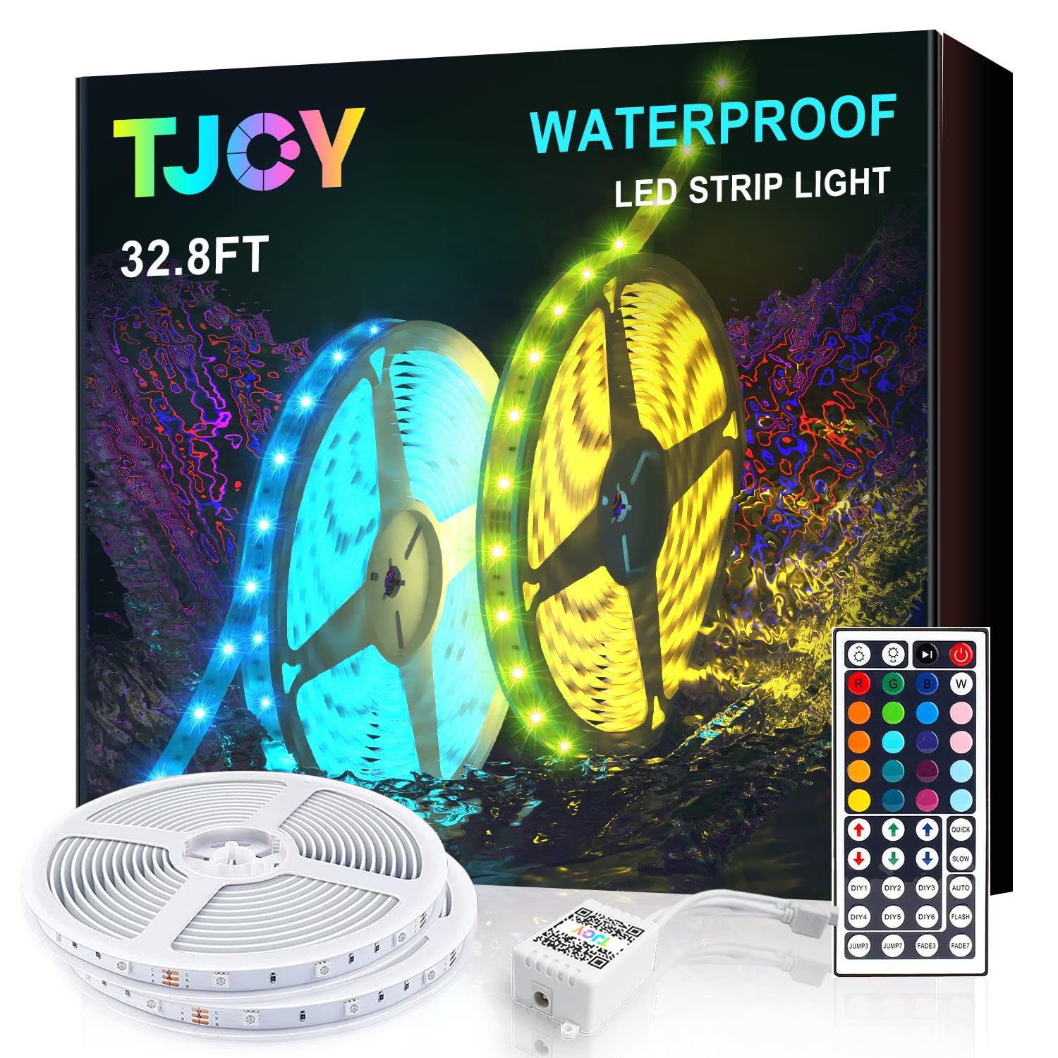 TJOY 32.8ft Waterproof LED Light Strips - IP65 Outdoor RGB Color Changing Lights with 44-Key IR Remote, 16.4ft x 2 Pack - Perfect for Bedroom, TV Backlight, Kitchen, Party & Indoor/Outdoor Decoration
