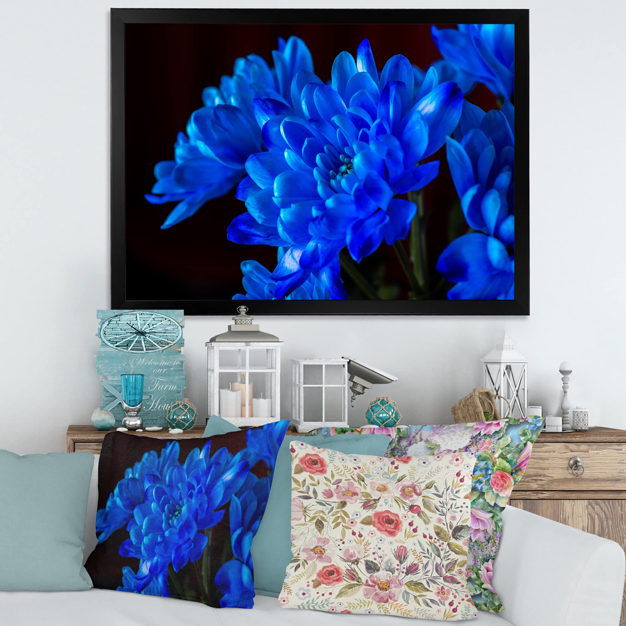 Blue Chrysanthemum Flowers on Black II - Traditional Framed Wall Art Painting - Perfect for Living Room, Bedroom & Office Decor