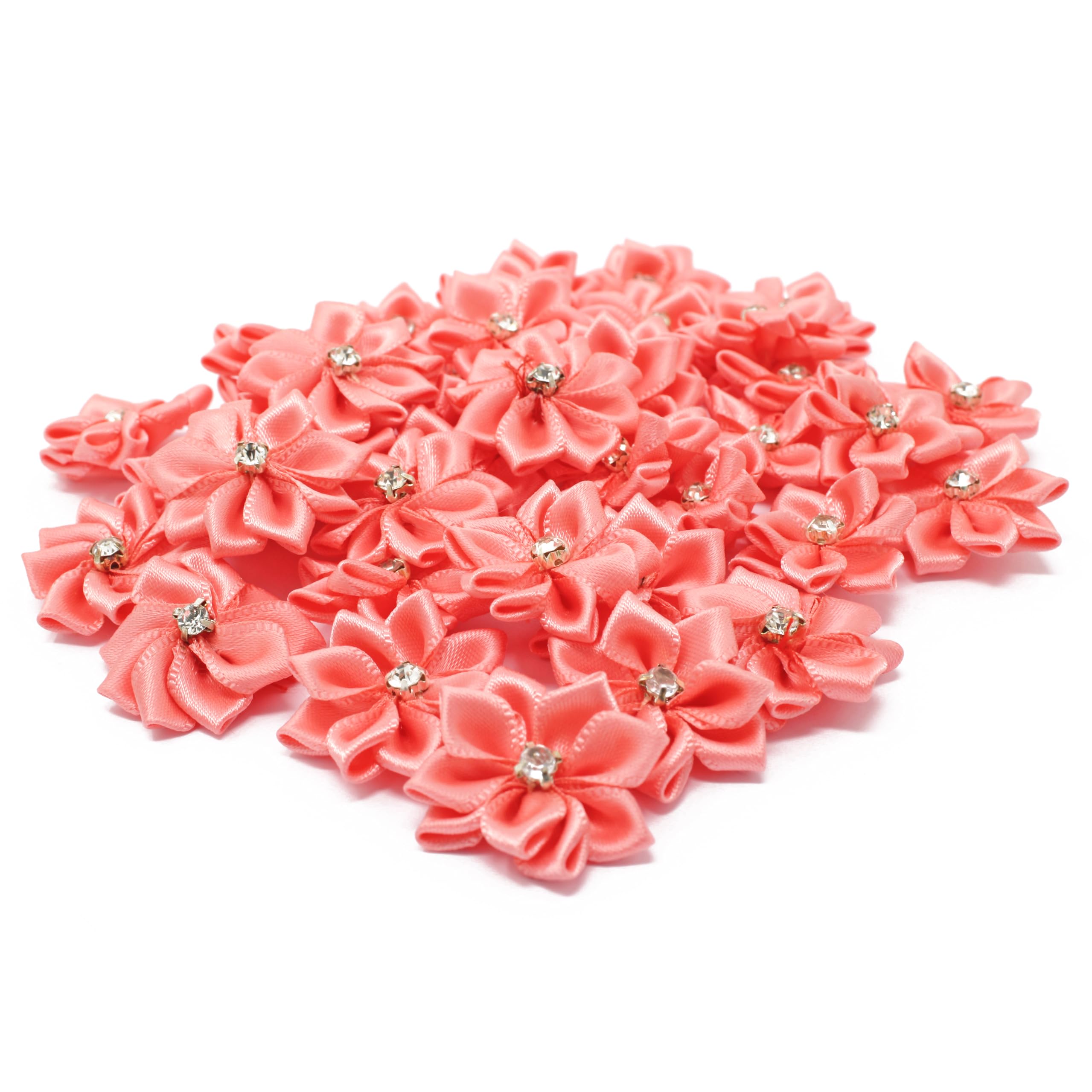25mm Satin Ribbon Watermelon Flowers with Rhinestone Center - Pack of 25 DIY Craft Flowers for Hair Clips, Headbands, Wedding Decorations and Gift Wrapping