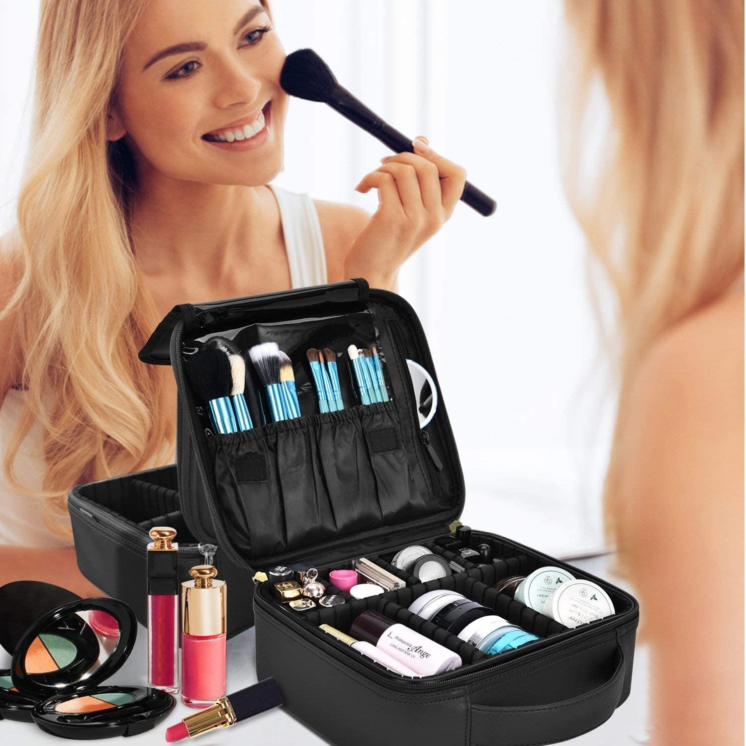Portable Cosmetic Makeup Bag Organizer with Adjustable Compartments - Travel Makeup Case for Brushes, Hair Tools & Toiletries | Perfect for Women's Travel, Gym & Daily Use (Black)