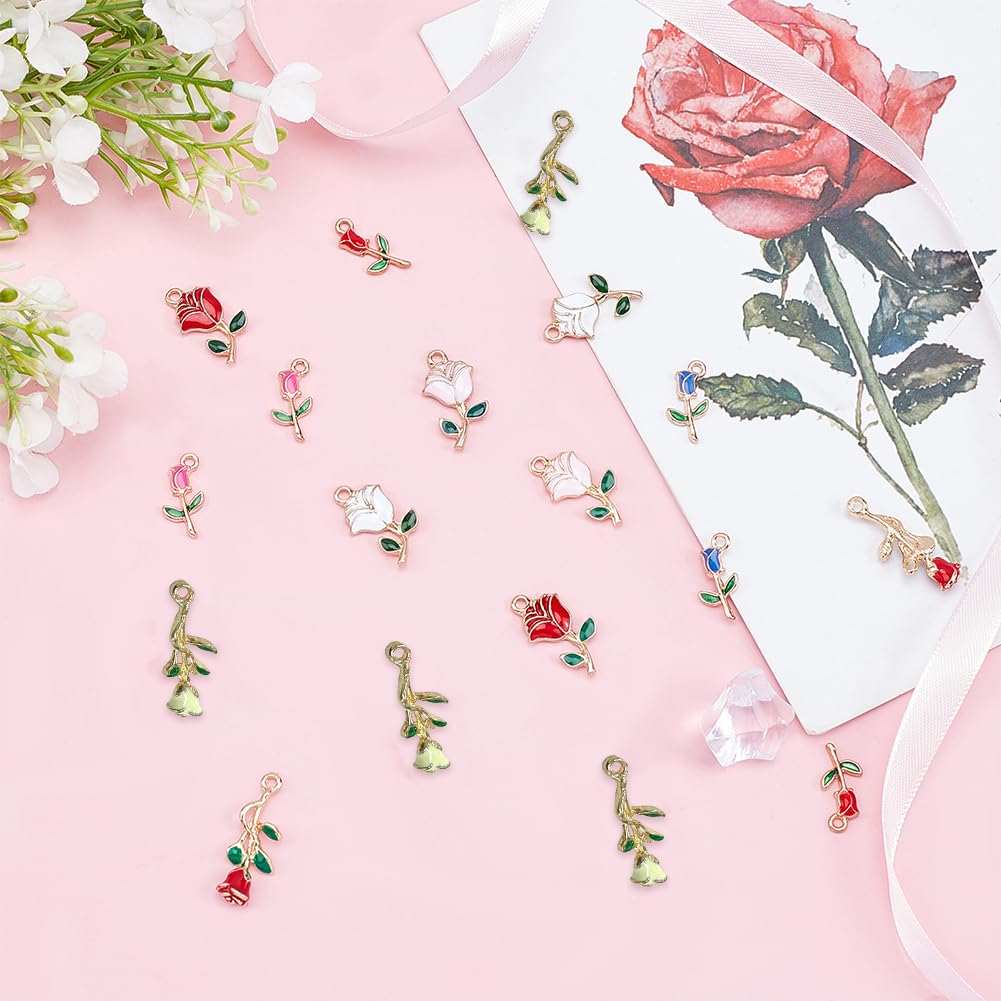 18Pcs Rose Flower Charms - Enamel Love Charms for Jewelry Making, Necklace, Bracelet & Earring Supplies | Valentine's Day Red Rose Pendants for Women DIY Crafting | Perfect for Handmade Gifts, Valentine's Day Presents & Jewelry Design Projects