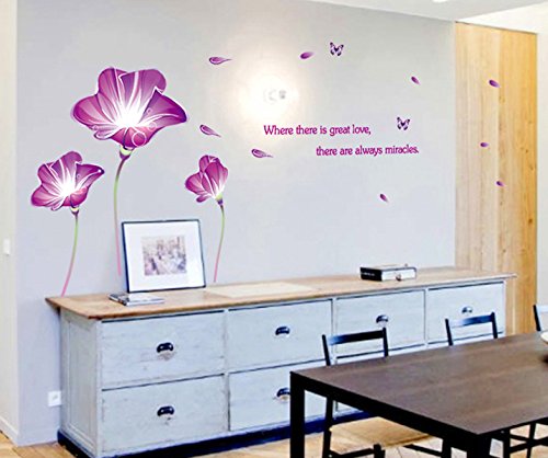 Removable Wall Decal - Purple Lily Flowers & Colorful Butterflies with English Letters, DIY Home Sticker for Living Room, Bedroom, Nursery Decor | Perfect for Kids Room, Baby Shower Gift & Home Art Mural | Easy to Apply & Remove Without Damage
