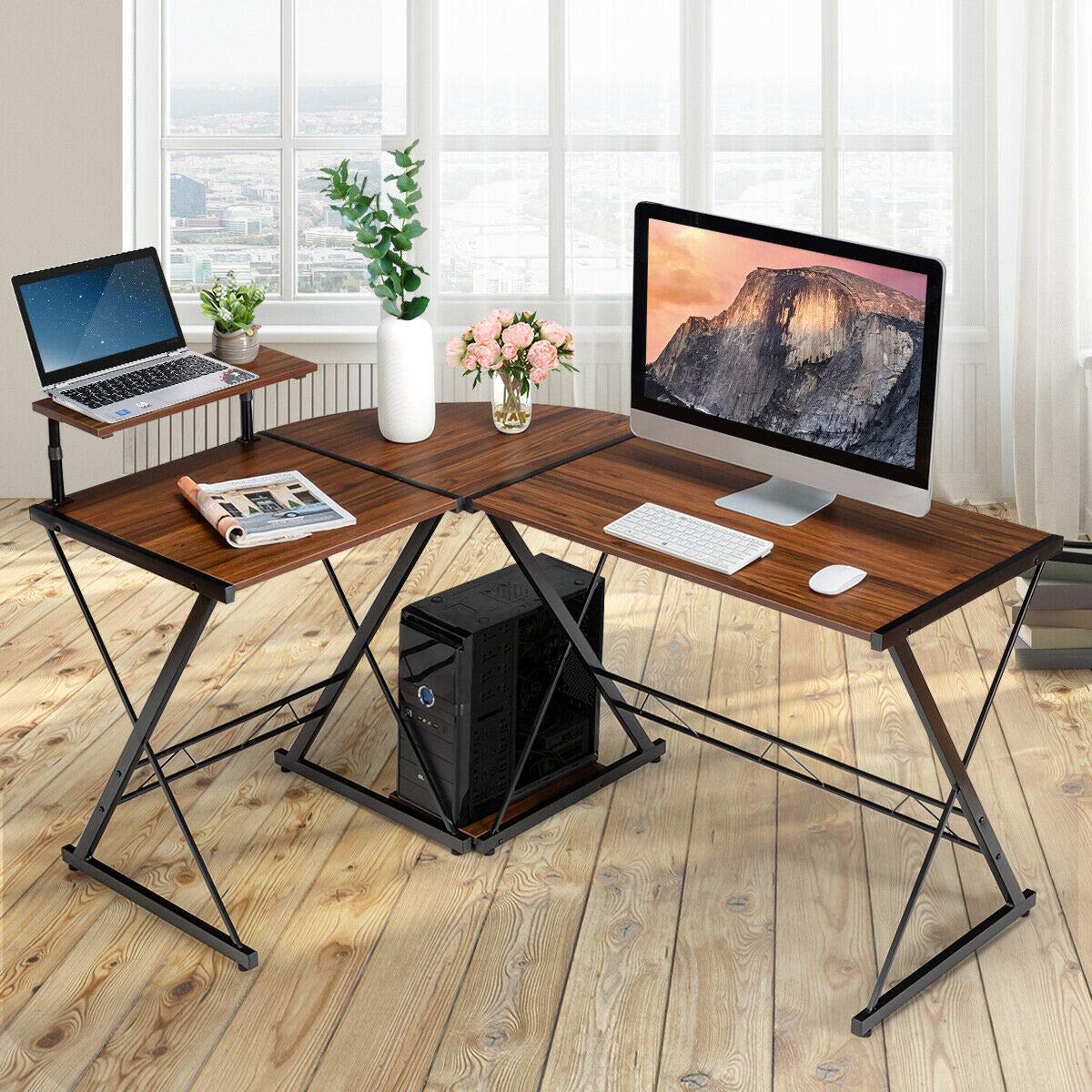 Modern L-Shaped Reversible Corner Desk with CPU Stand - Sturdy Multifunctional Home Office Computer Table in Walnut Finish for Small Spaces & Workstations