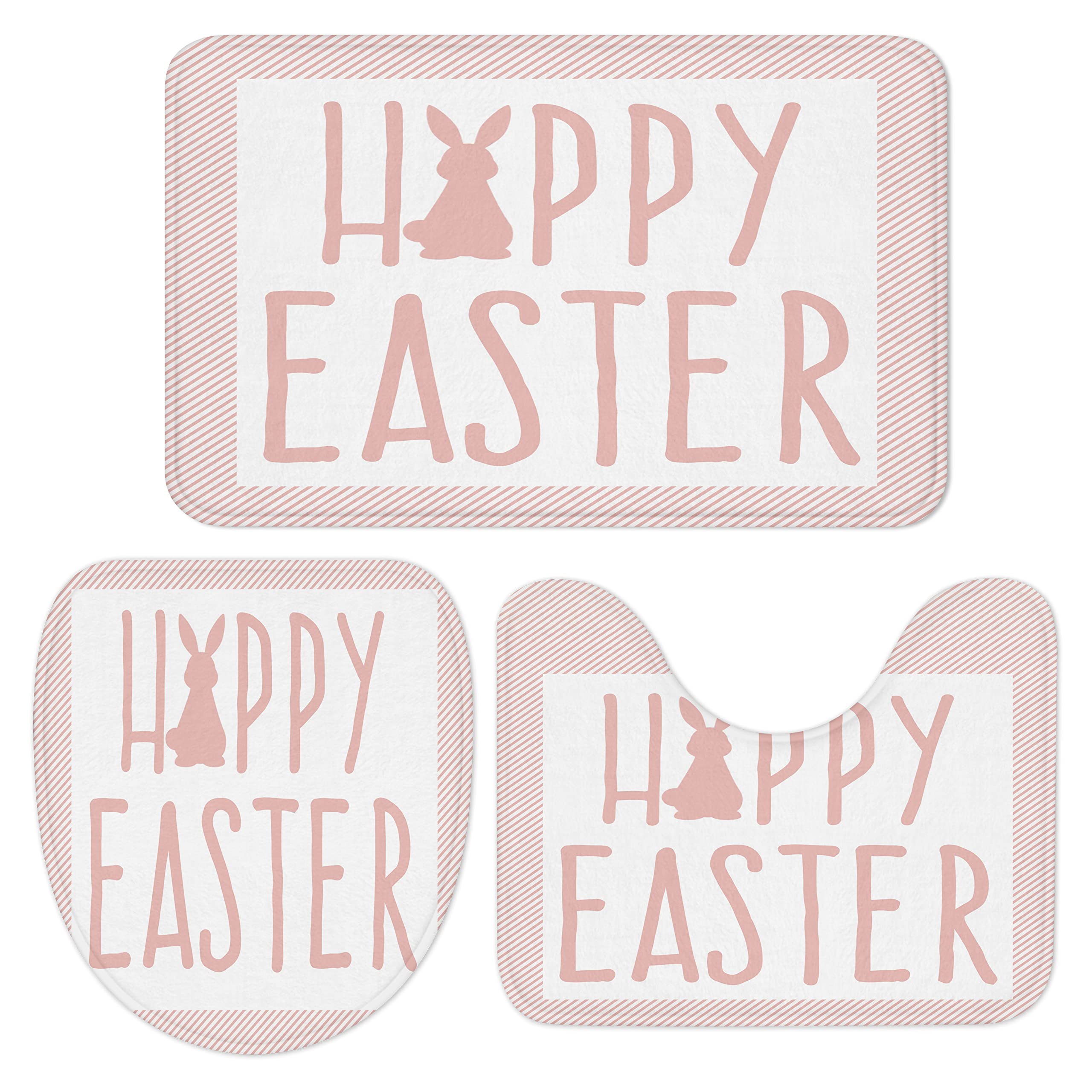 Happy Easter Bunny Bathroom Rugs Set - 3 Piece Pink Stripe Plaid Bath Mat with U-Shape Rug & Toilet Lid Cover - Soft Non-Slip Bathroom Floor Mats for Spring Decor, Easter Gifts, Home & Guest Bathroom