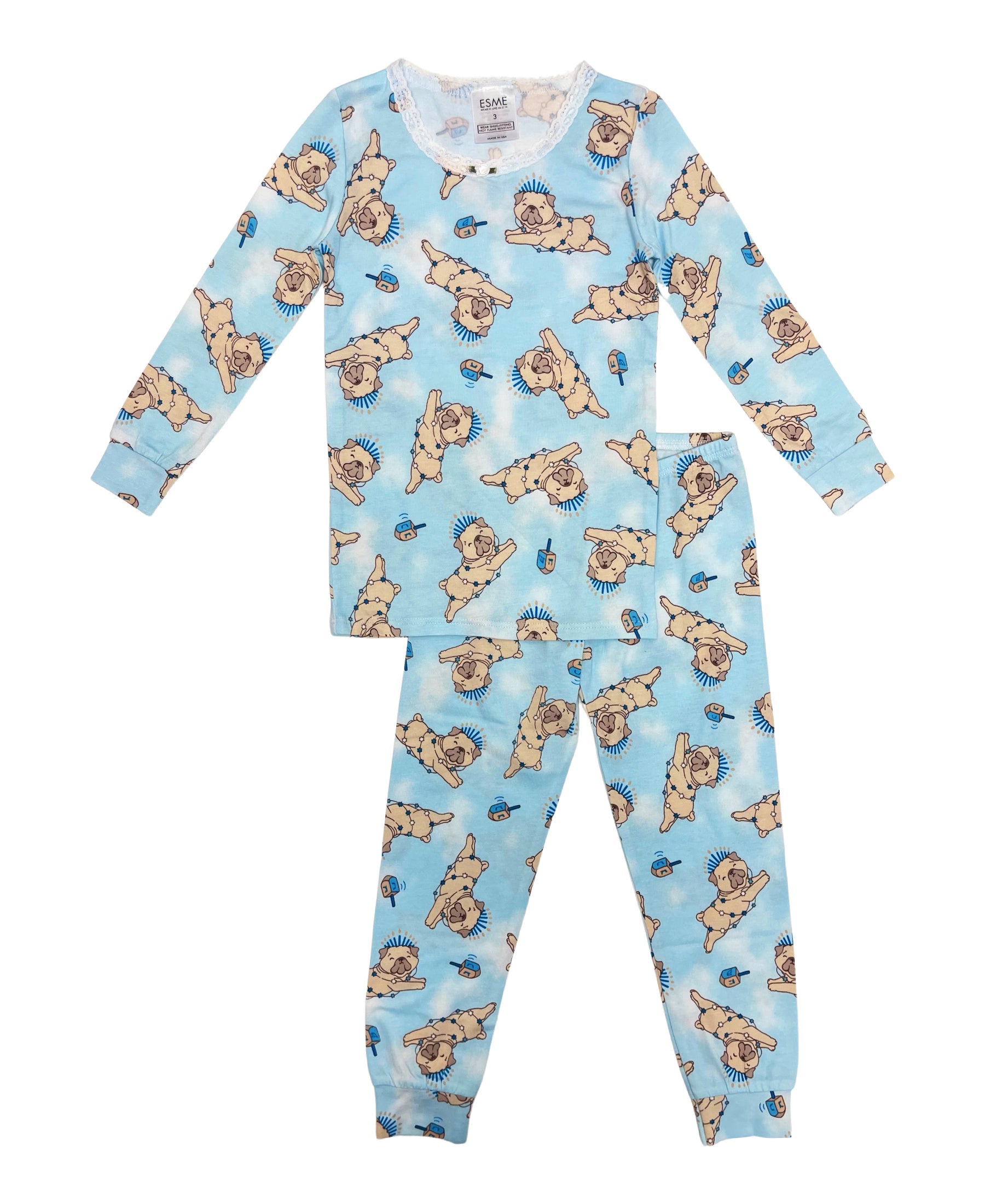 Girls Hanukkah Pug Outfit Set - Cute Holiday Pajamas & Matching Accessories for Hanukkah Celebrations & Family Photos