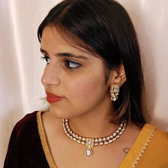 Royal Kundan Necklace and Earrings Set - 24K Gold Plated Designer Jewelry for Weddings, Parties & Special Occasions (D387)