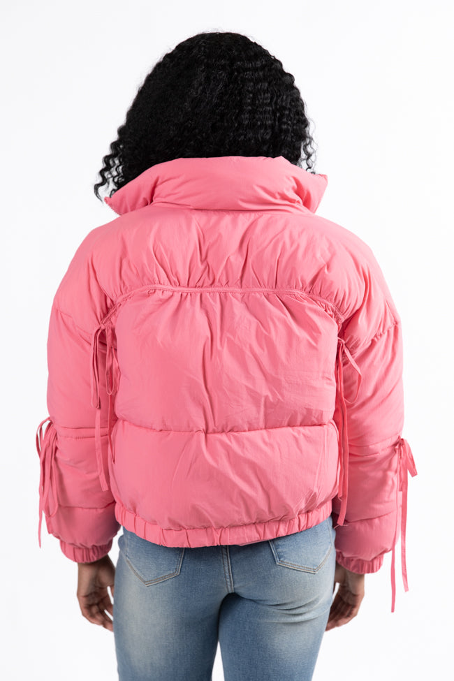 Pink Bow Sleeve Puffer Jacket for Women - Cozy Winter Outerwear with Stylish Bow Details | Perfect for Cold Weather, Date Nights & Holiday Outfits