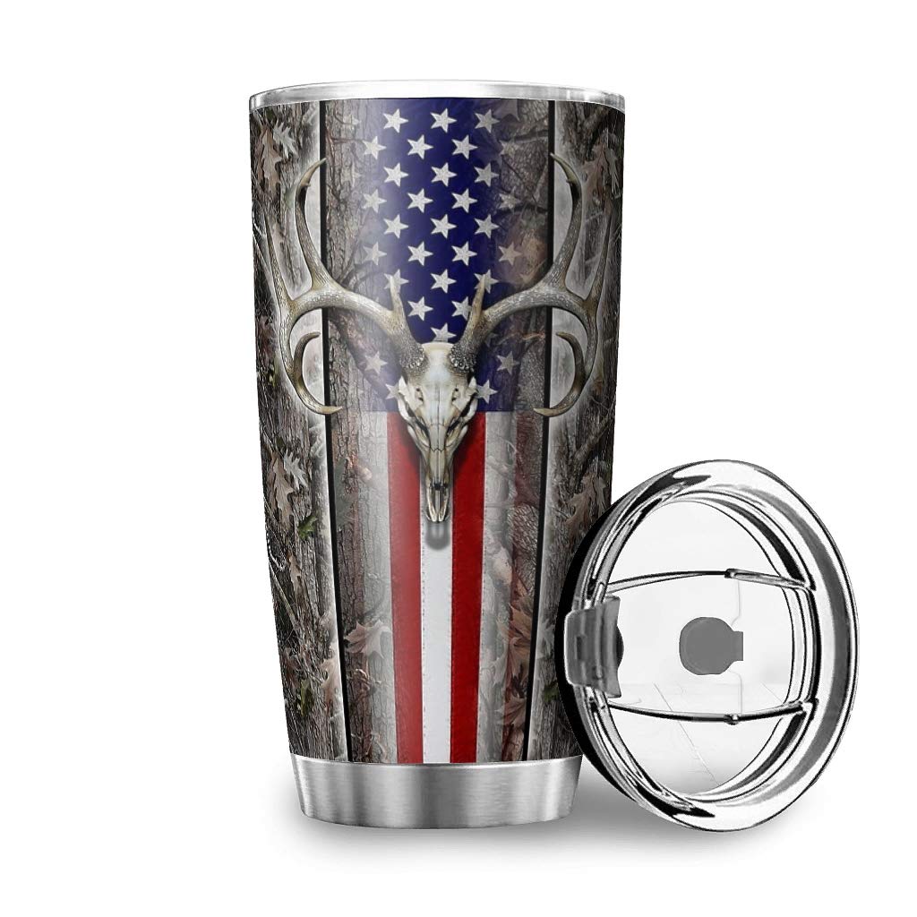 20 oz Stainless Steel Tumbler with American Flag & Wood Deer Skull Design - Insulated Coffee Cup for Hot/Cold Beverages - Perfect for Camping, Travel, and Office Use