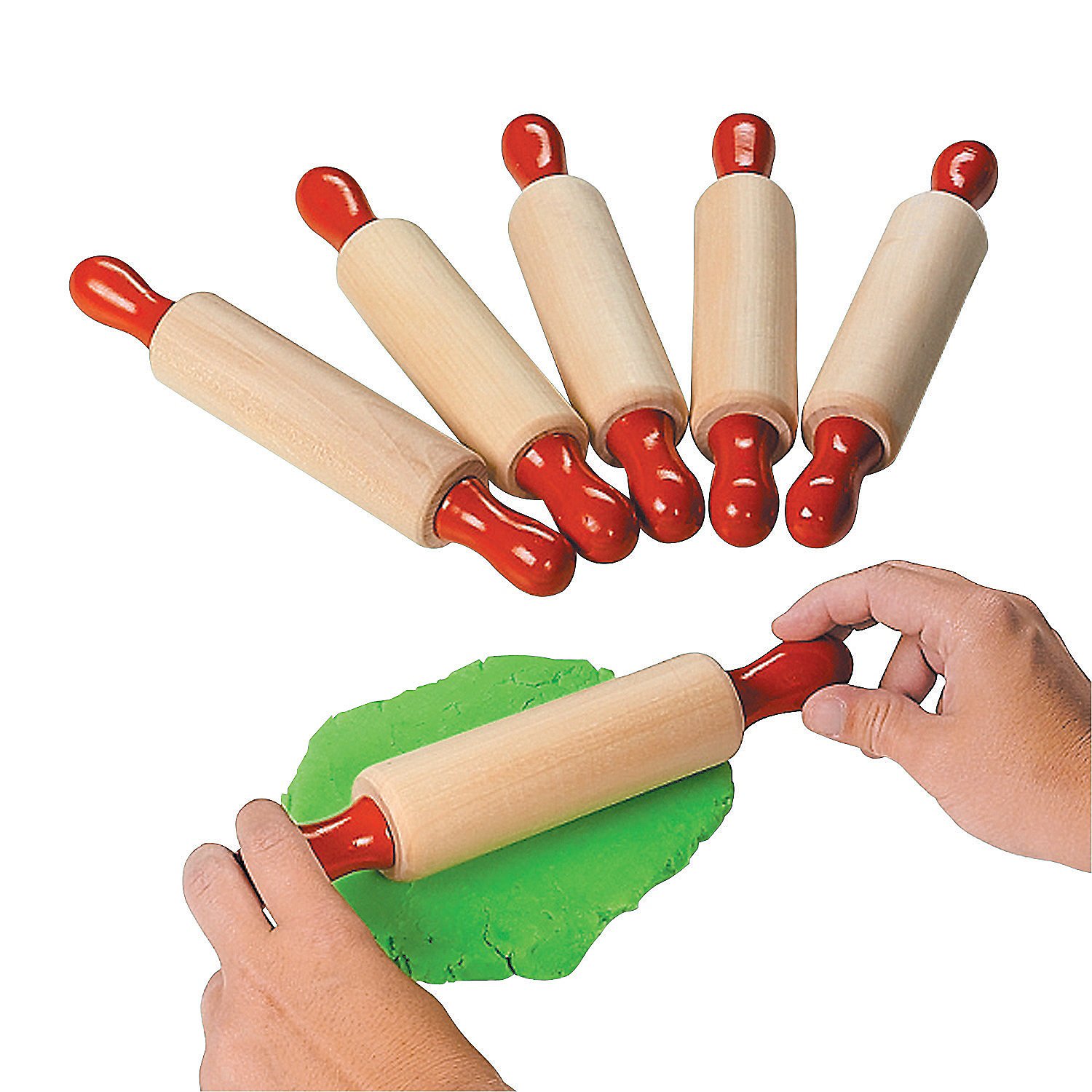 Fun Express 9-Inch Classic Wooden Dough Rollers with Red Handles for Kids - 6-Piece Set for Play Dough & Clay Activities - Perfect for Arts & Crafts, Preschool Learning & Sensory Play