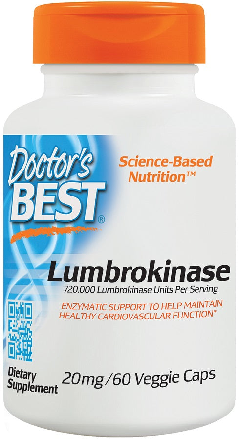 Doctor's Best Lumbrokinase 20mg - 60 Vegetarian Capsules for Cardiovascular Support | Supports Healthy Blood Circulation & Fibrinolytic Activity | Ideal for Travelers & Office Workers