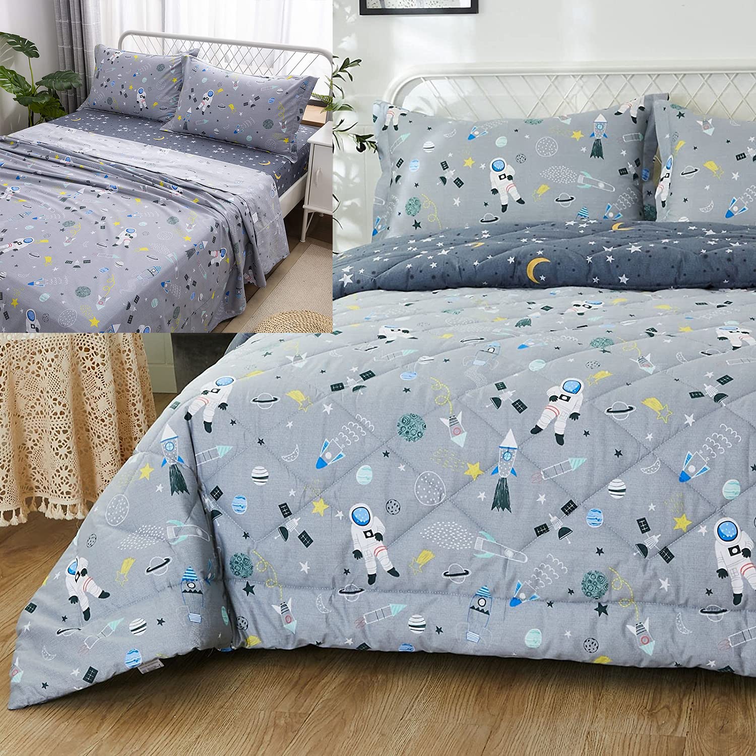 Brandream 7-Piece Kids Space Themed Bedding Set - 100% Cotton Rocket & Galaxy Comforter Set for Boys & Girls - Perfect for Nursery, Kids Room & Space-Themed Bedrooms