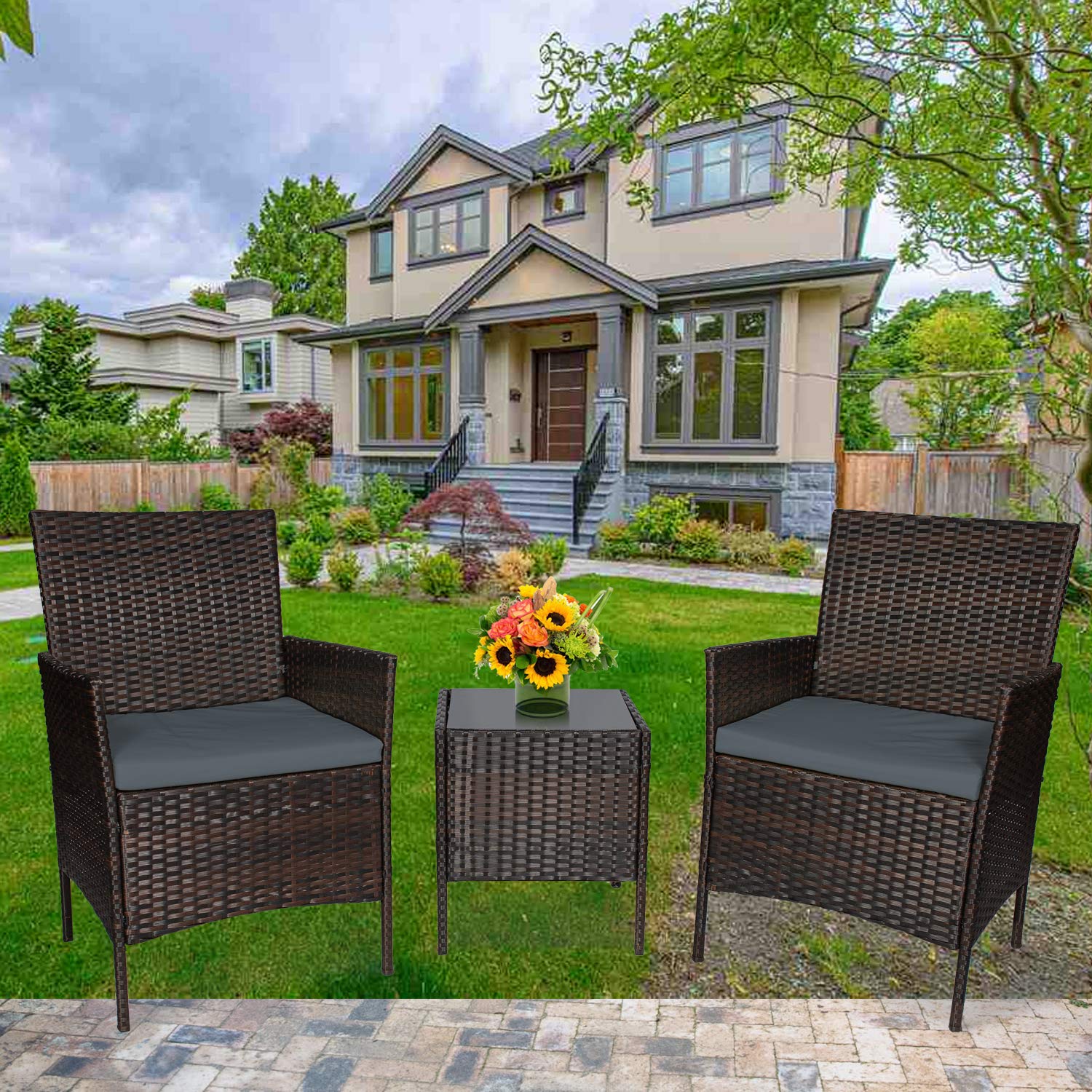 3-Piece Outdoor Patio Furniture Set - PE Wicker Rattan Chairs & Table Sofa with Cushioned Seats, Brown & Gray - Perfect for Garden, Poolside, and Backyard Relaxation