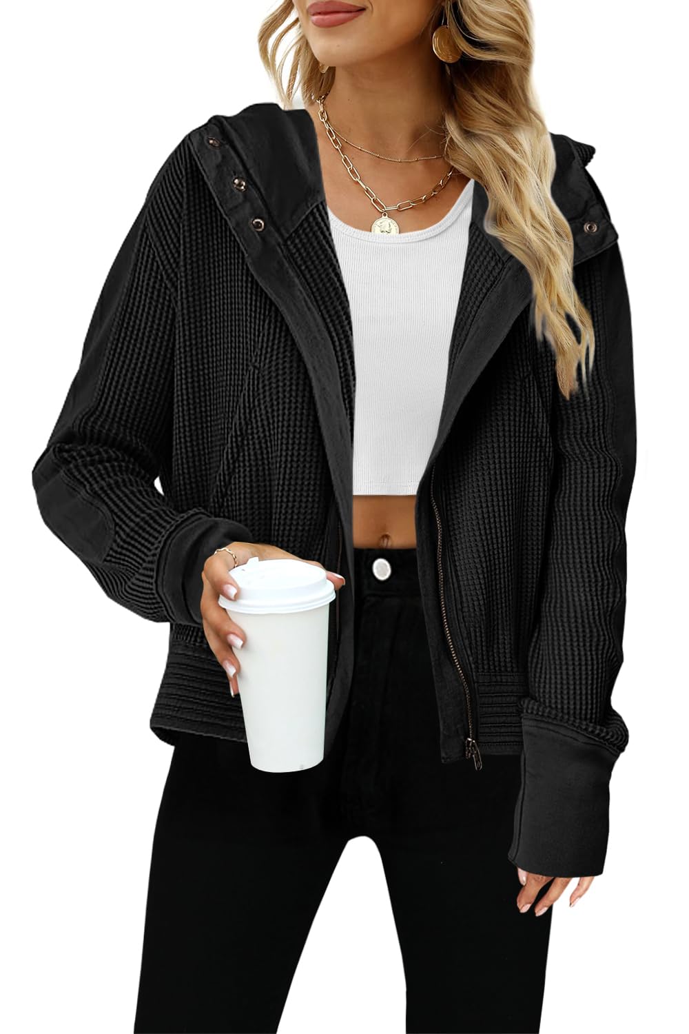 Yanekop Women's Waffle Knit Zip-Up Hoodie Jacket - Casual Long Sleeve Slouchy Shacket for Fall & Winter | Perfect for Layering, Outdoor Activities & Everyday Wear