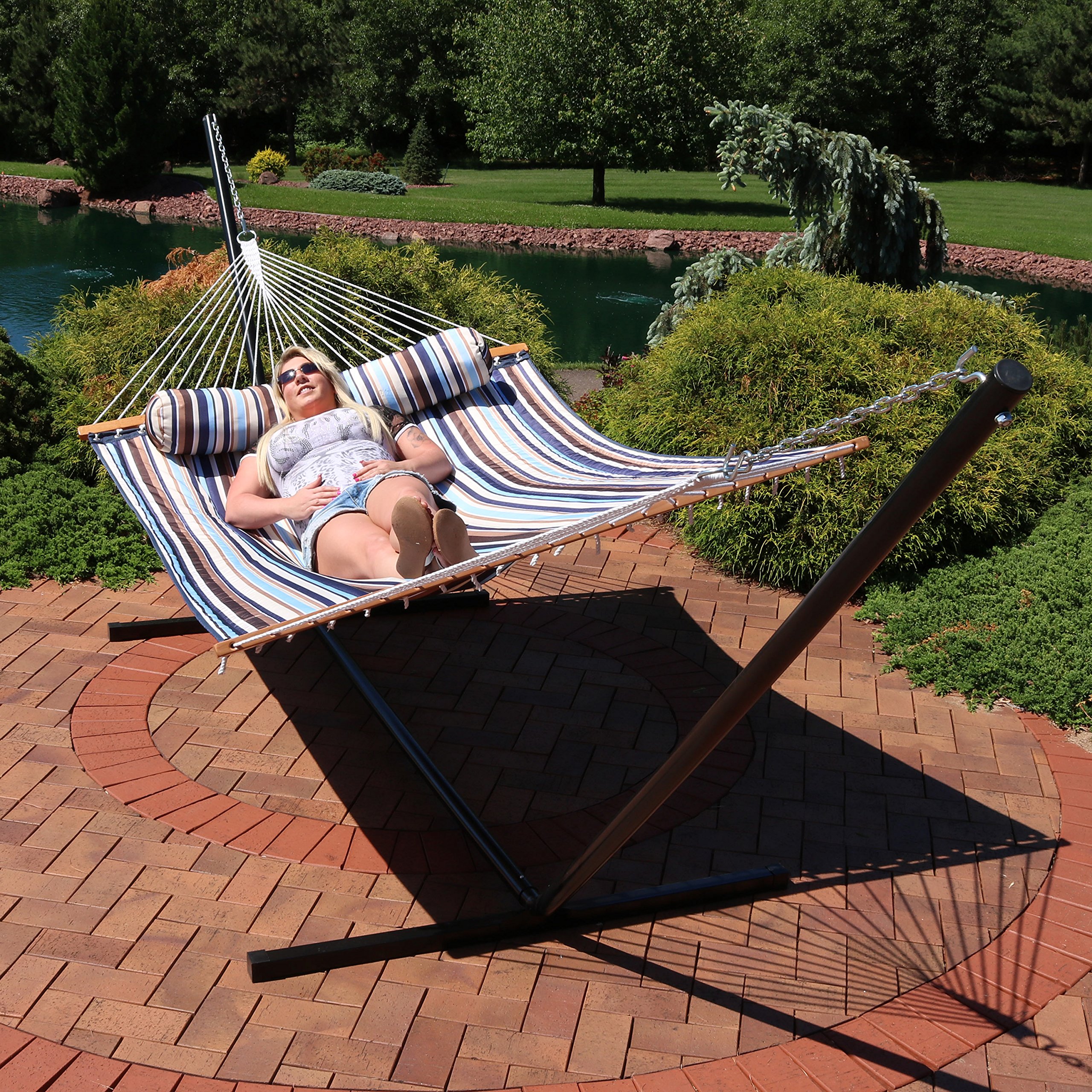 Sunnydaze Quilted Double Hammock with Stand for Outdoor Relaxation - 400lb Capacity 2-Person Hammock with 15ft Steel Stand - Perfect for Backyard, Beach & Camping - Ocean Isle Design