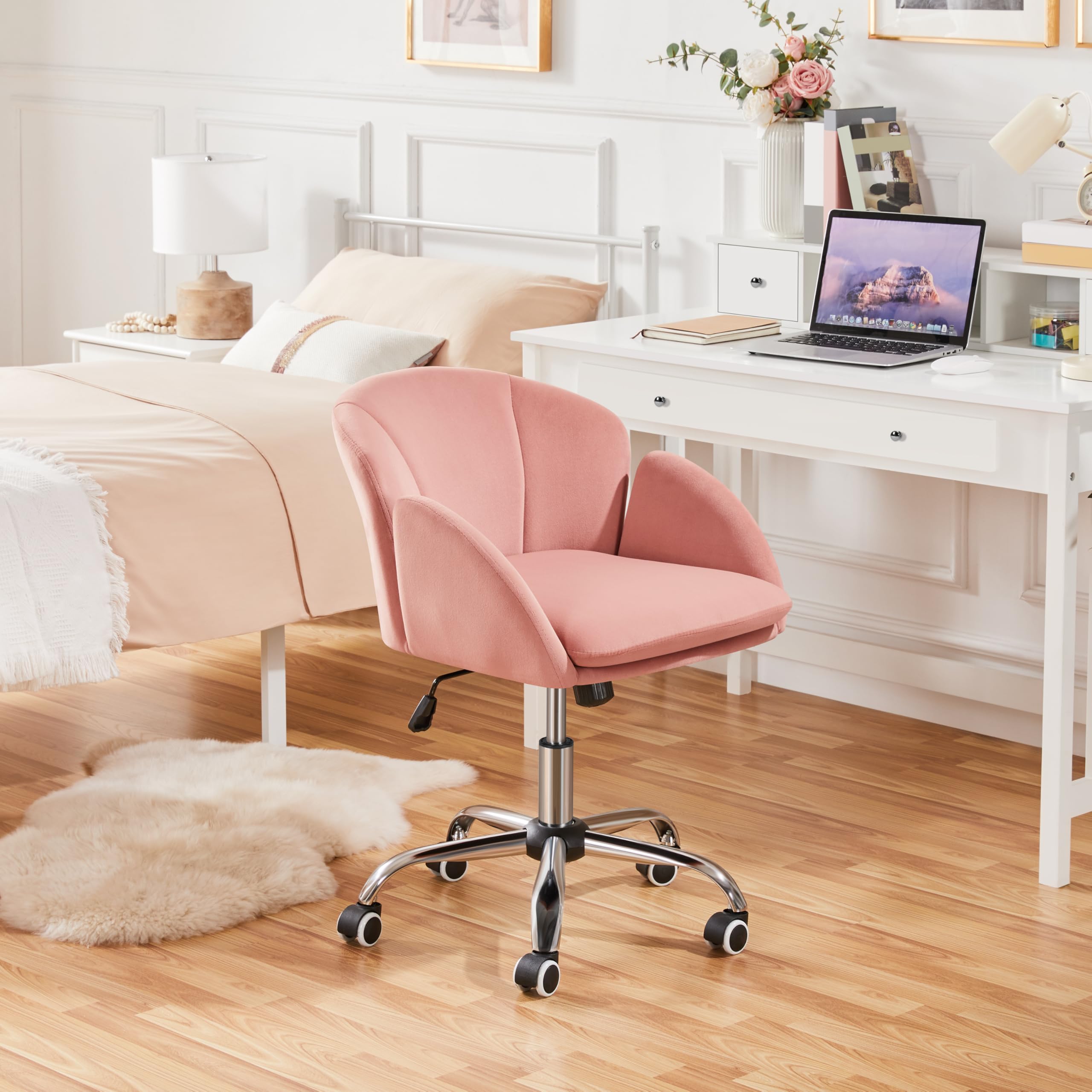 Yaheetech Pink Modern Swivel Rolling Office Chair - Adjustable Computer Desk Chair with Armrests for Women, Makeup Vanity & Dressing Table, Living Room, Bedroom (Perfect for Home Office, Gaming & Beauty Stations)